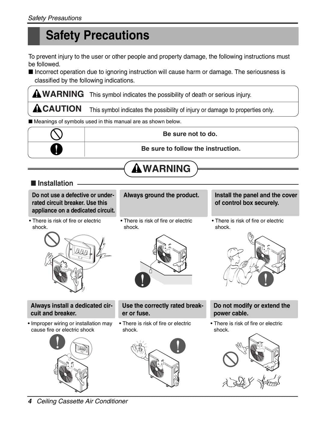 LG Electronics LCN240CP service manual Safety Precautions, Installation 