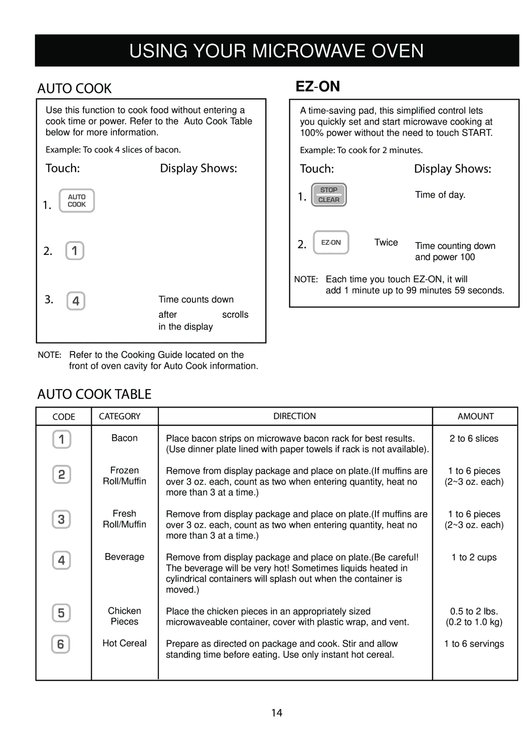 LG Electronics LCRM1240ST manual Auto Cook Table, Example To cook 4 slices of bacon, Example To cook for 2 minutes 