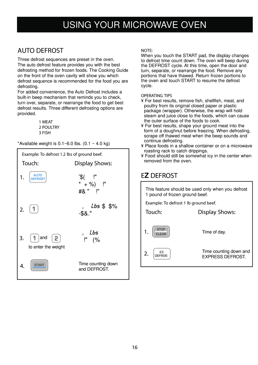 LG Electronics LCRM1240ST, LCRM1240SB manual Auto Defrost, EZ Defrost, Meat Poultry Fish, Operating Tips, Express Defrost 