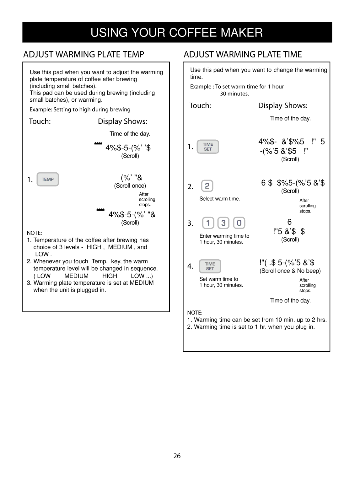 LG Electronics LCRM1240ST Adjust Warming Plate Temp, Adjust Warming Plate Time, Example Setting to high during brewing 