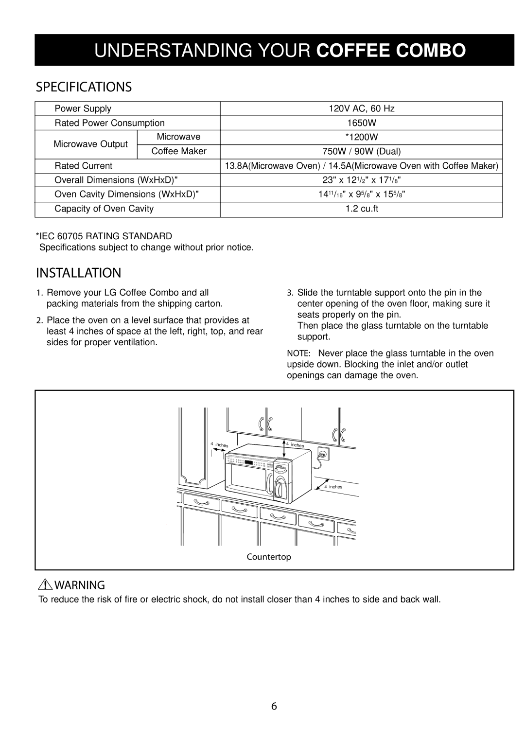 LG Electronics LCRM1240ST, LCRM1240SB manual Understanding Your Coffee Combo, Specifications, Installation, Countertop 