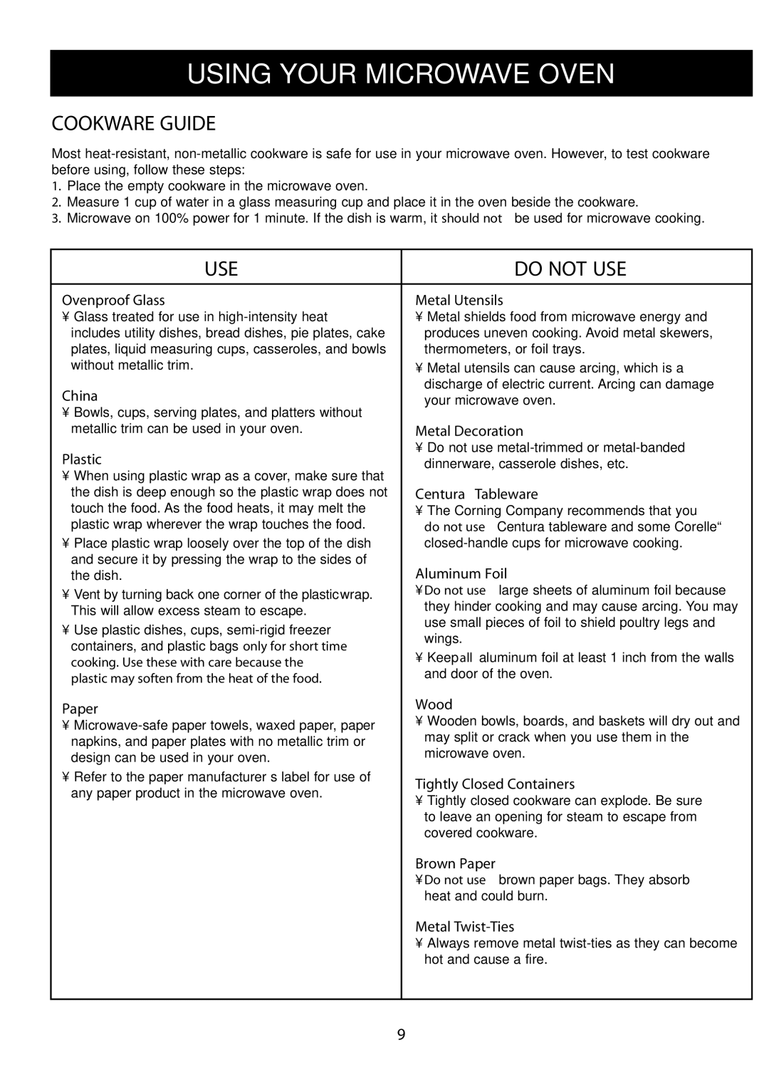 LG Electronics LCRM1240SB Using Your Microwave Oven, Cookware Guide, USE Do not USE, Cooking. Use these with care because 