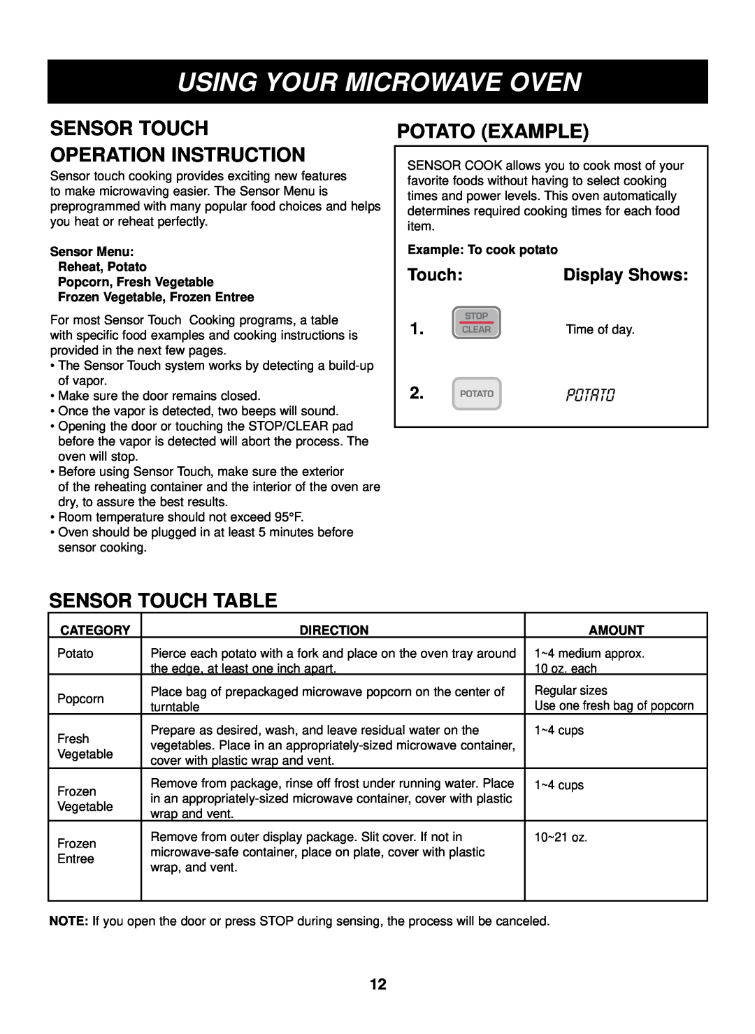 LG Electronics LCRM1240ST, LCRM1240SB manual Operation Instruction, Potato Example, Sensor Touch Table, Display Shows 