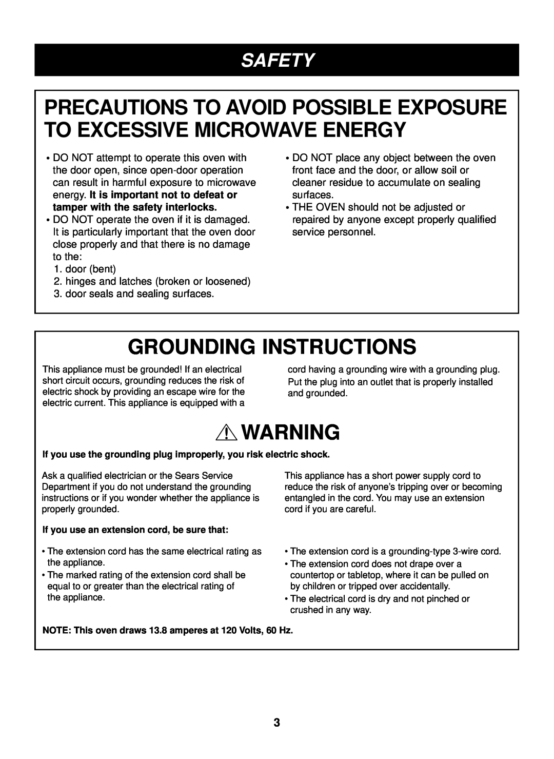 LG Electronics LCRM1240SB, LCRM1240ST manual Safety, Grounding Instructions 
