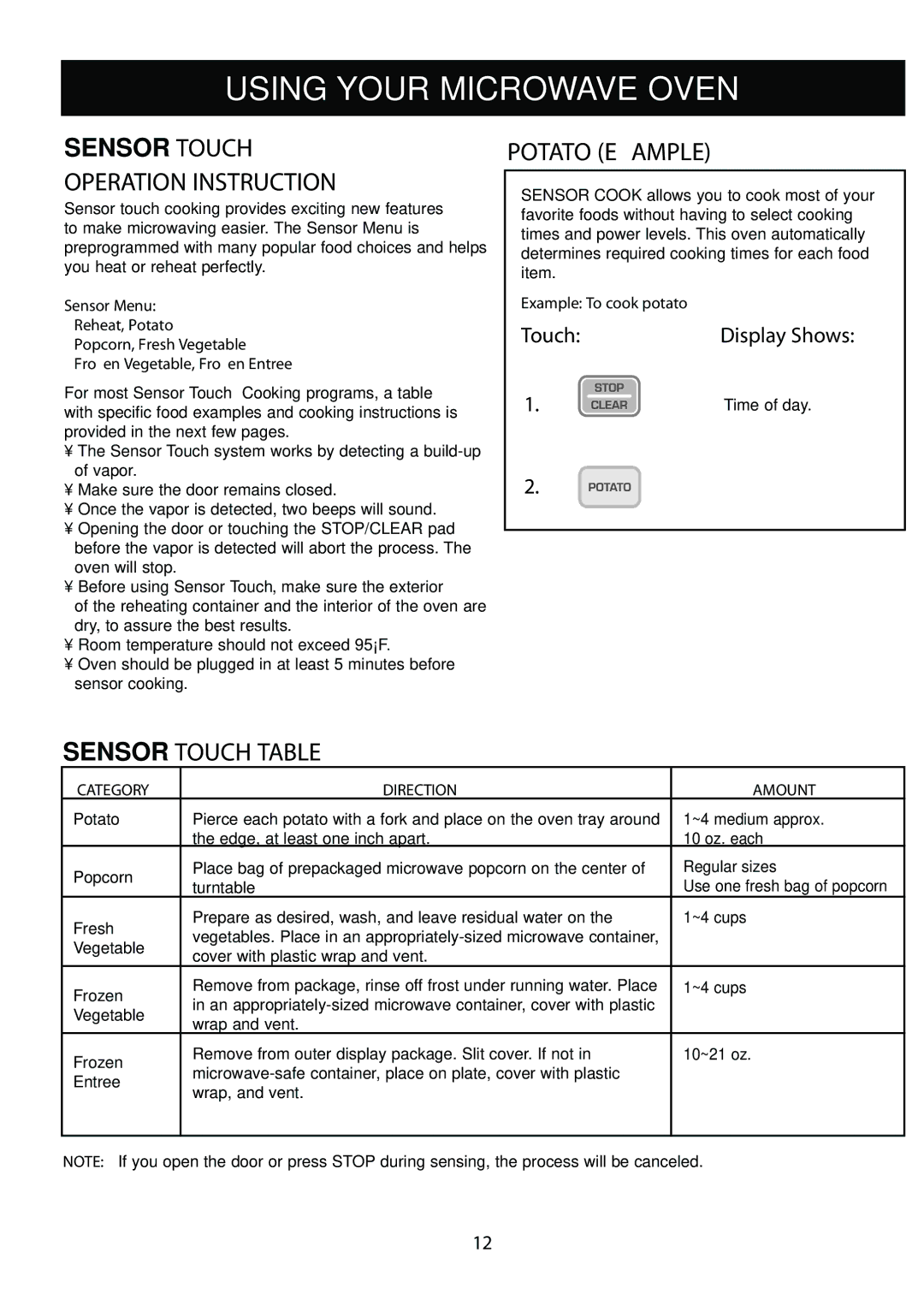 LG Electronics LCRM1240SW manual Potato Example, Sensor Touch Table, Touch Display Shows, Category Direction Amount 