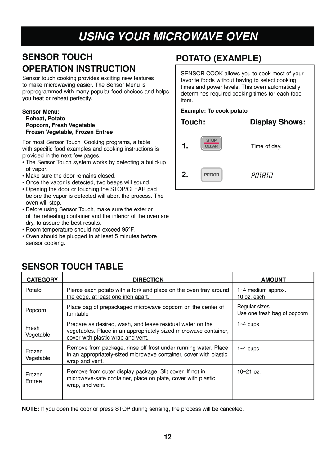 LG Electronics LCRM1240SW manual Operation Instruction, Potato Example, Sensor Touch Table, Display Shows 