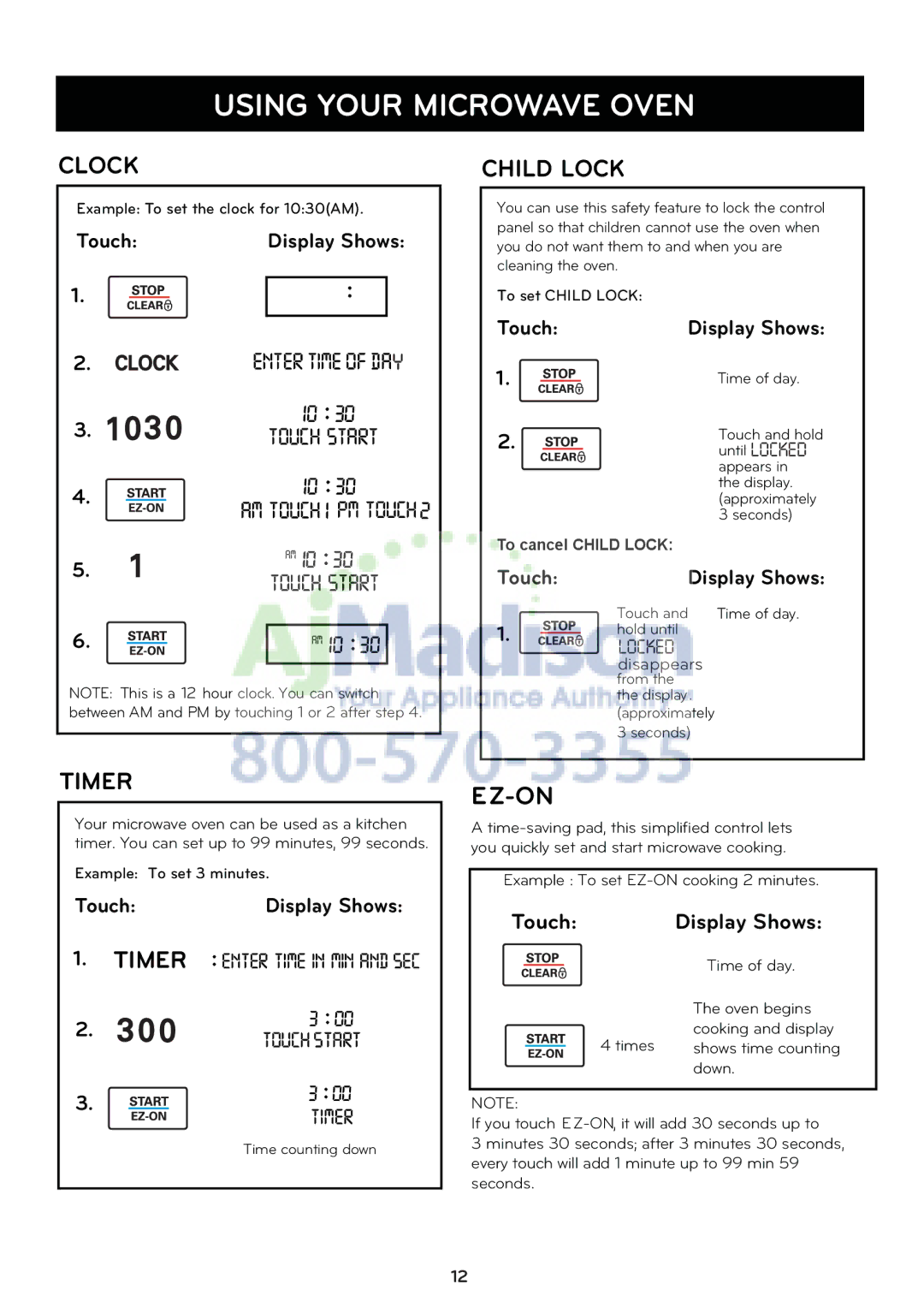 LG Electronics LCRT1510SV owner manual Clock, Timer, Child Lock, Touch Display Shows 