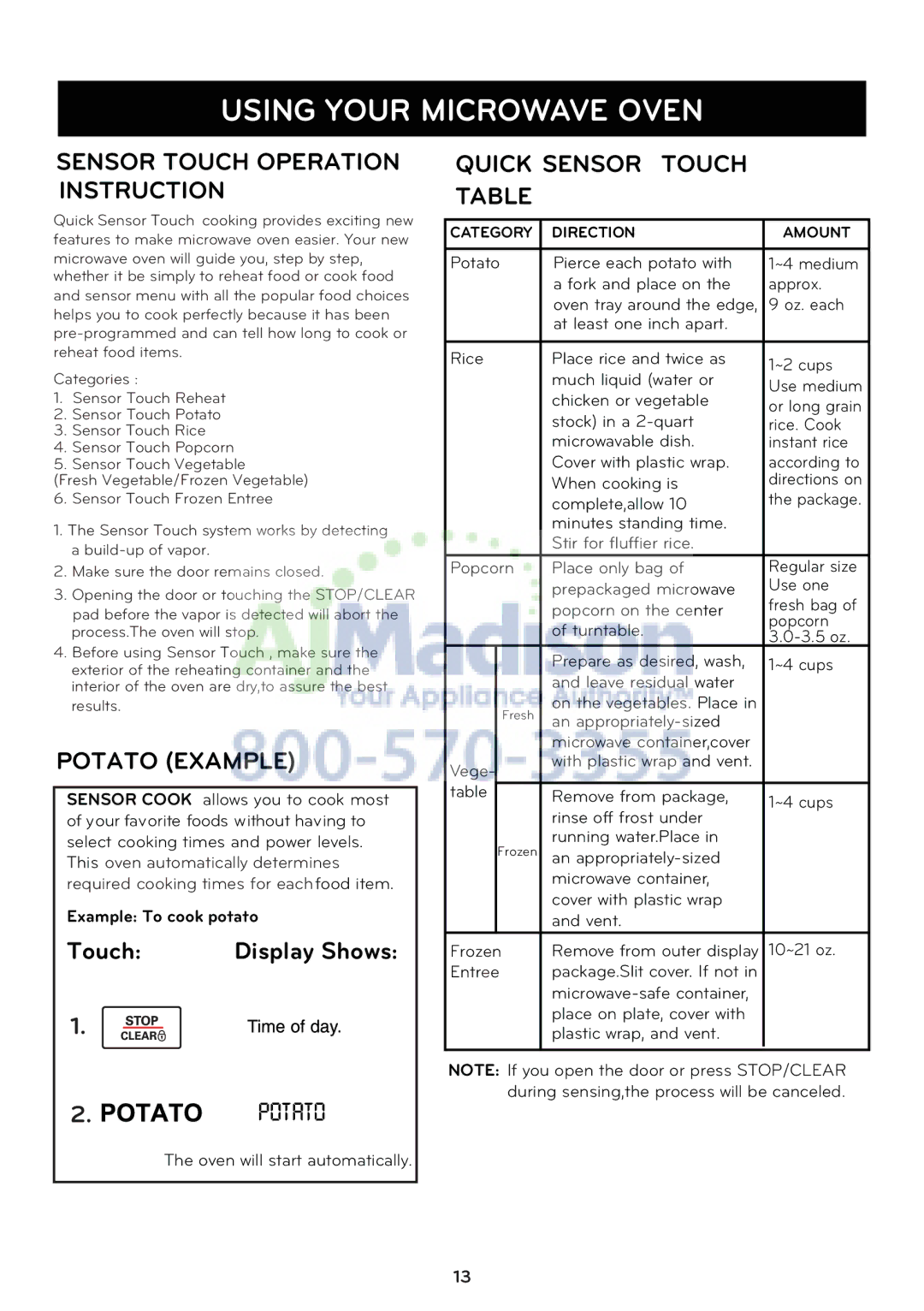 LG Electronics LCRT1510SV owner manual Sensor Touch Operation Instruction, Potato Example, Quick Sensor Touch 