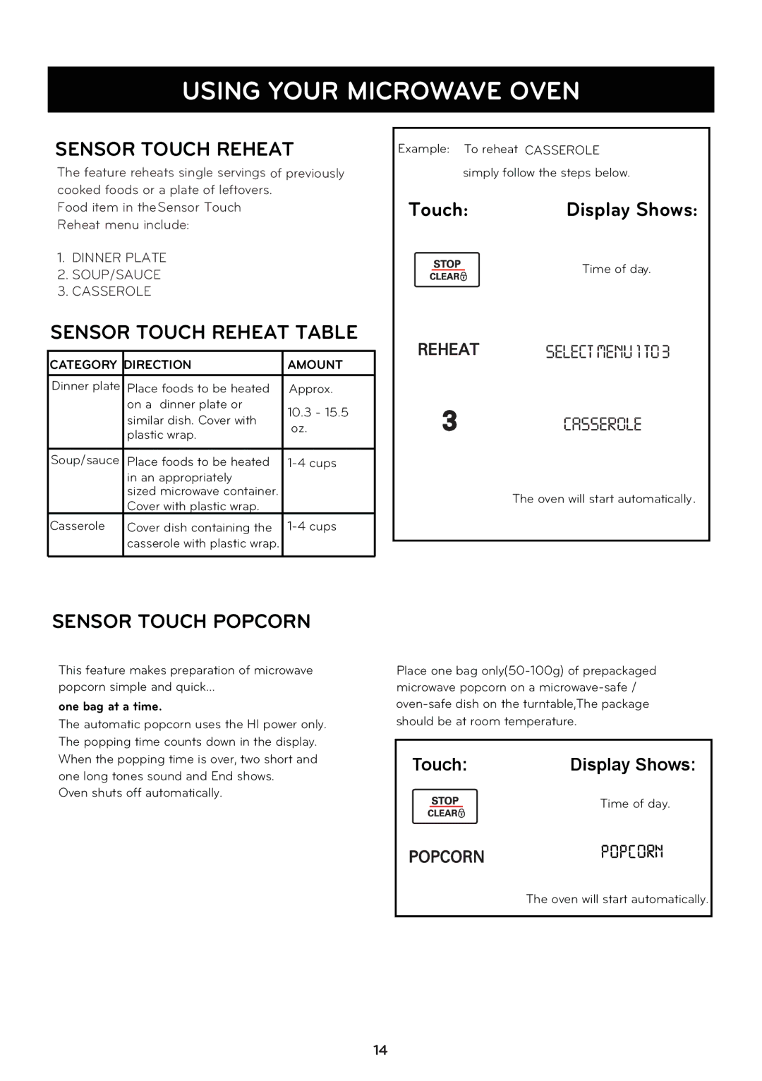 LG Electronics LCRT1510SV owner manual Sensor Touch Reheat Table, Sensor Touch Popcorn, One bag at a time 