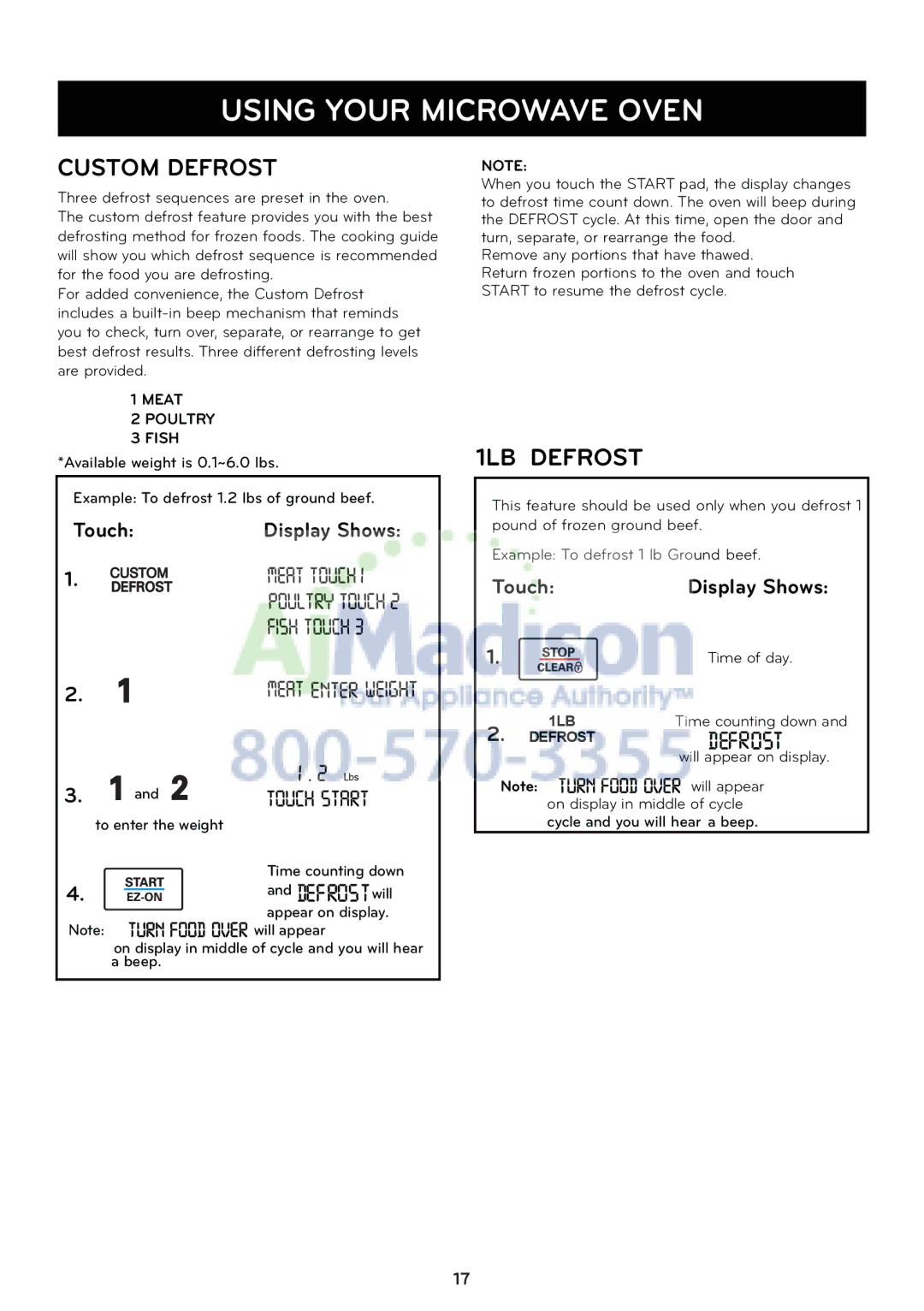 LG Electronics LCRT1510SV owner manual Custom Defrost, 1LB Defrost, Time of day 