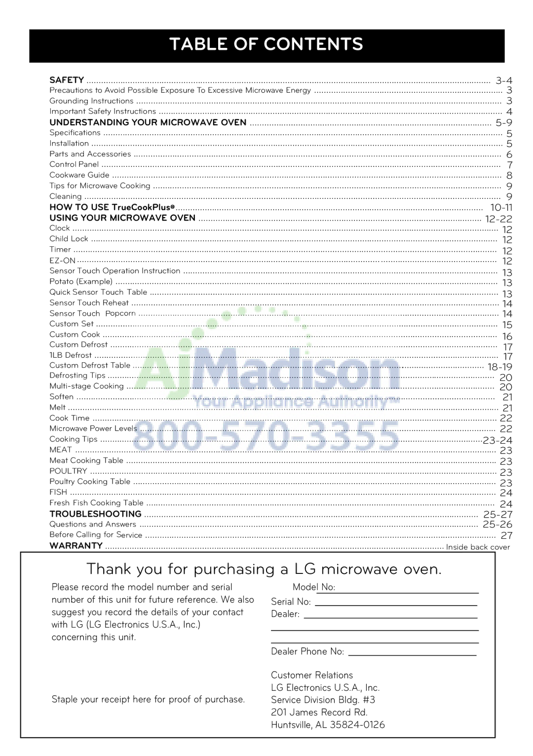 LG Electronics LCRT1510SV owner manual Table of Contents 