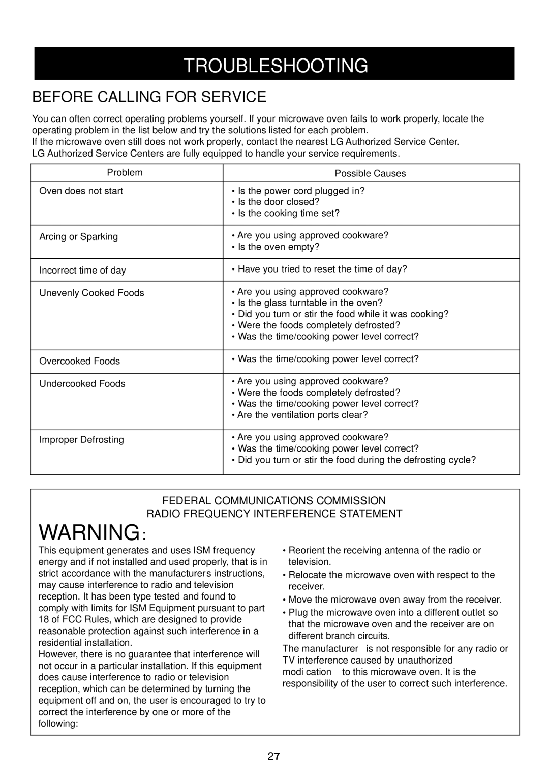 LG Electronics LCRT1510SV owner manual Before Calling for Service, Problem Possible Causes 