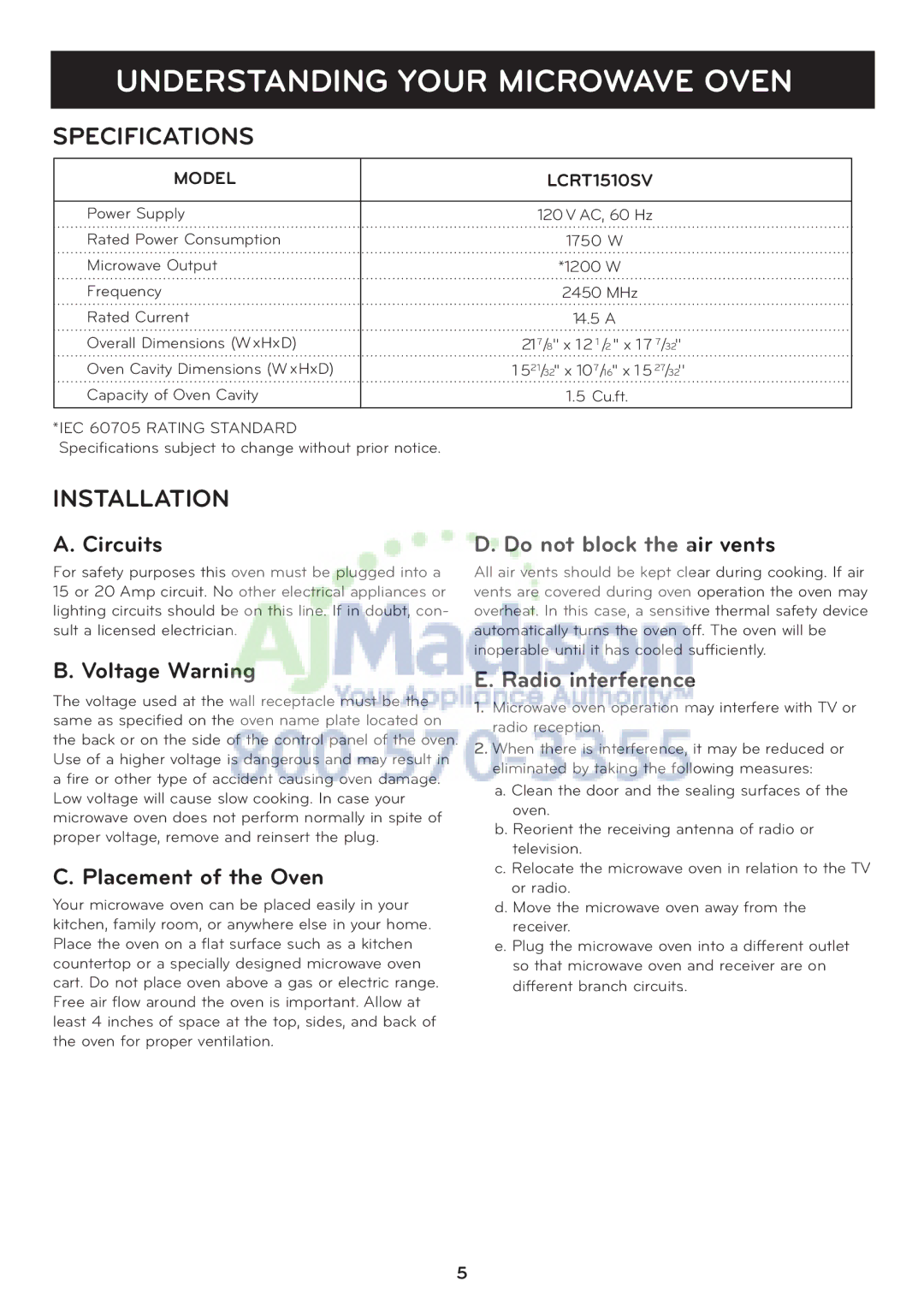 LG Electronics LCRT1510SV owner manual Specifications, Installation 