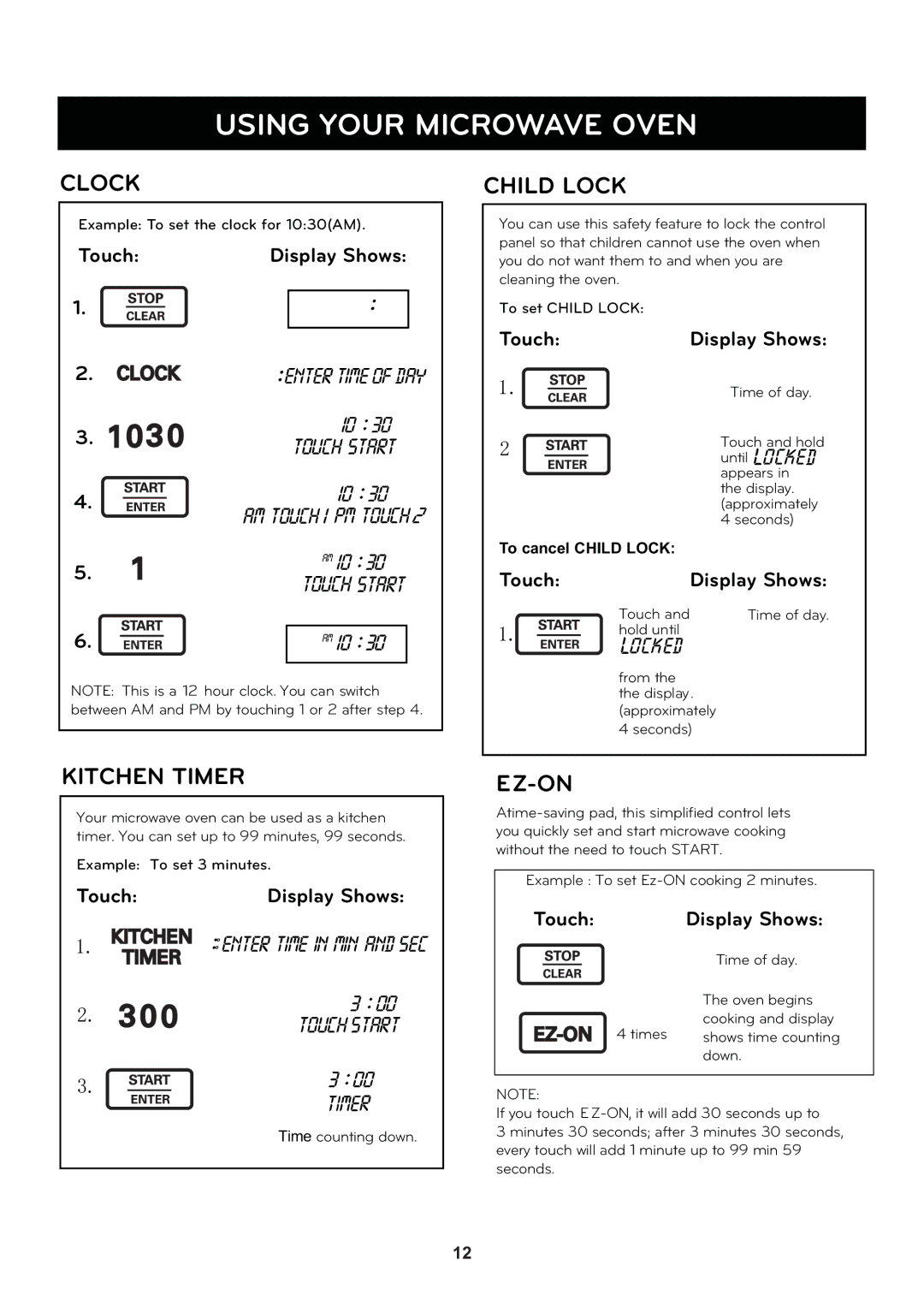 LG Electronics LCRT2010ST manual Clock, Kitchen Timer, Child Lock, Ez-On 