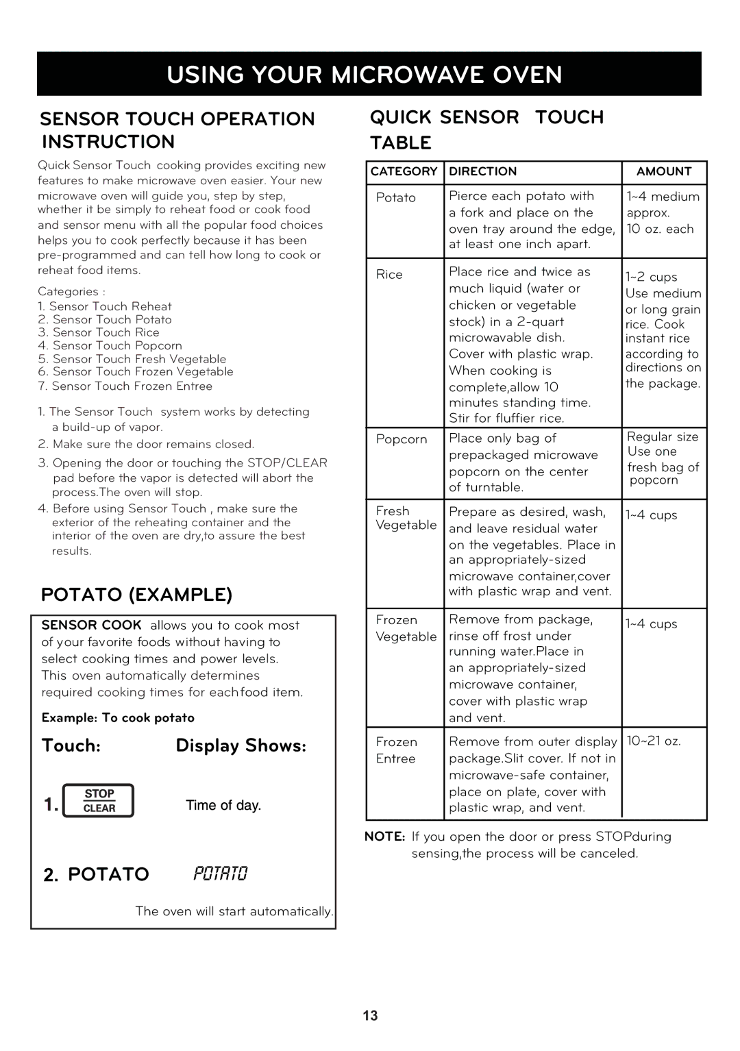 LG Electronics LCRT2010ST manual Sensor Touch Operation Instruction, Potato Example, Quick Sensor  Touch 