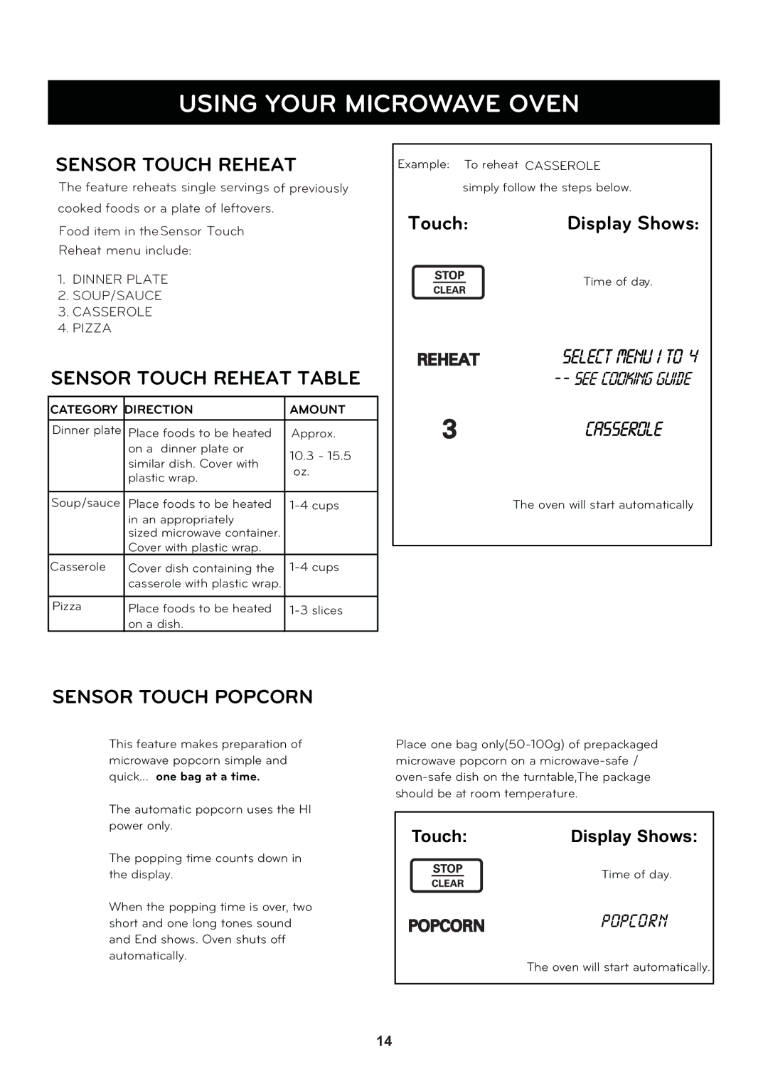 LG Electronics LCRT2010ST manual Sensor Touch Reheat Table, Sensor Touch Popcorn 