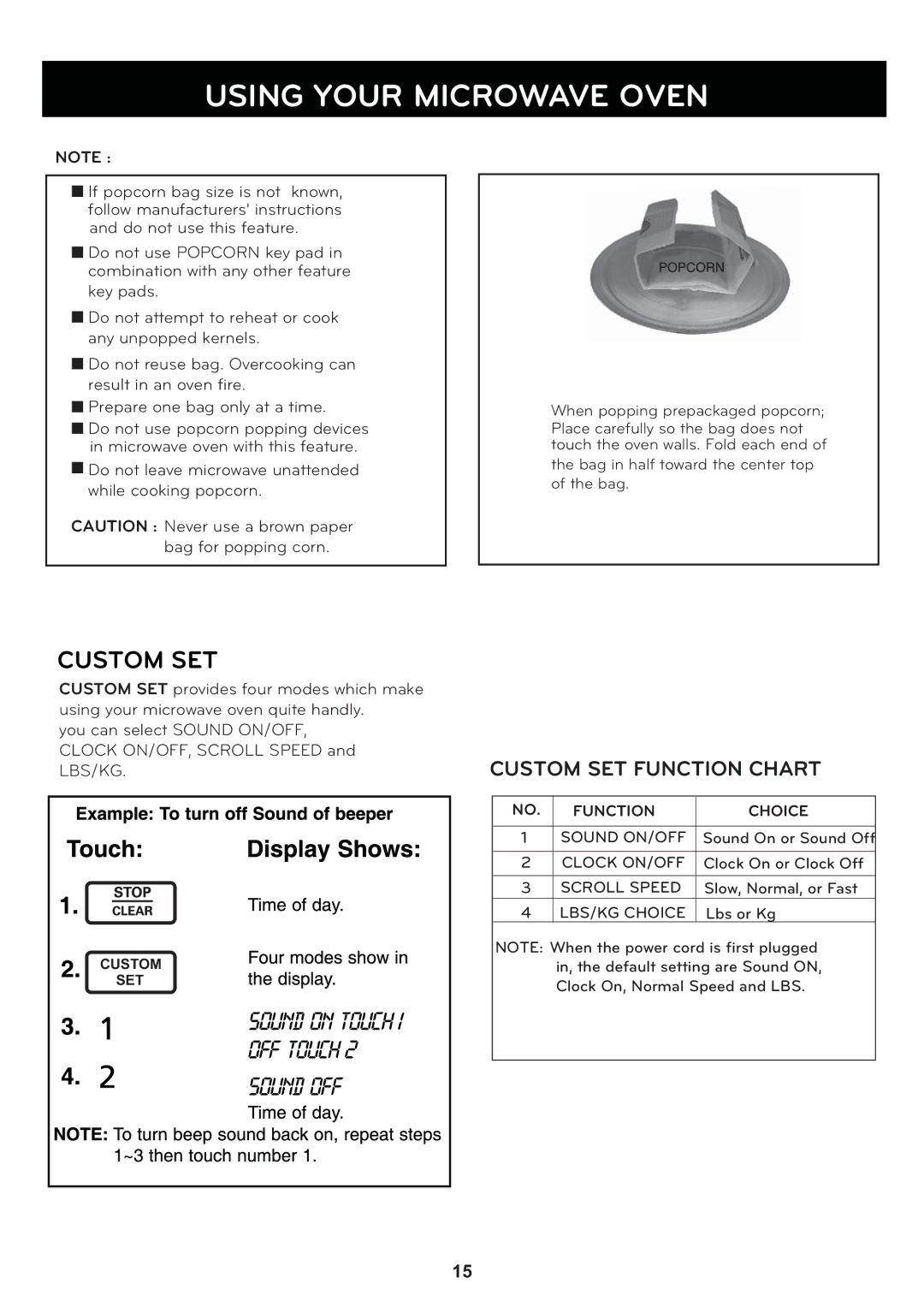 LG Electronics LCRT2010ST manual Custom SET, Sound on Touch OFF Touch Sound OFF 