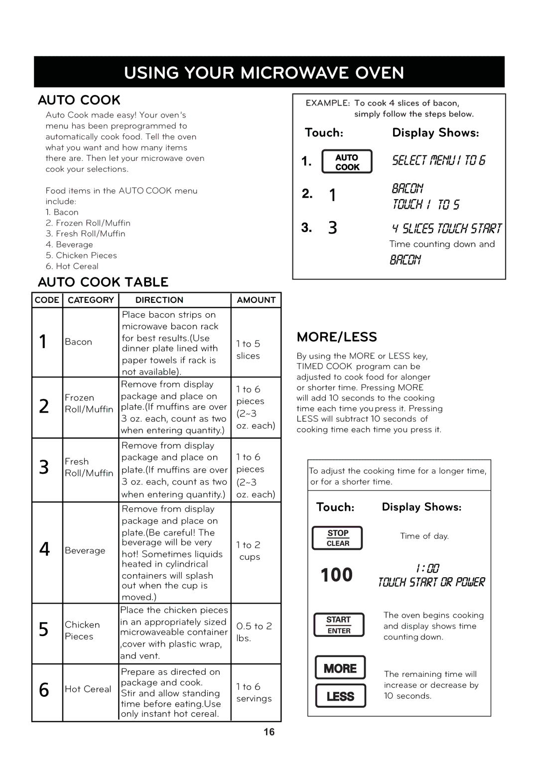 LG Electronics LCRT2010ST manual Auto Cook Table, More/Less 