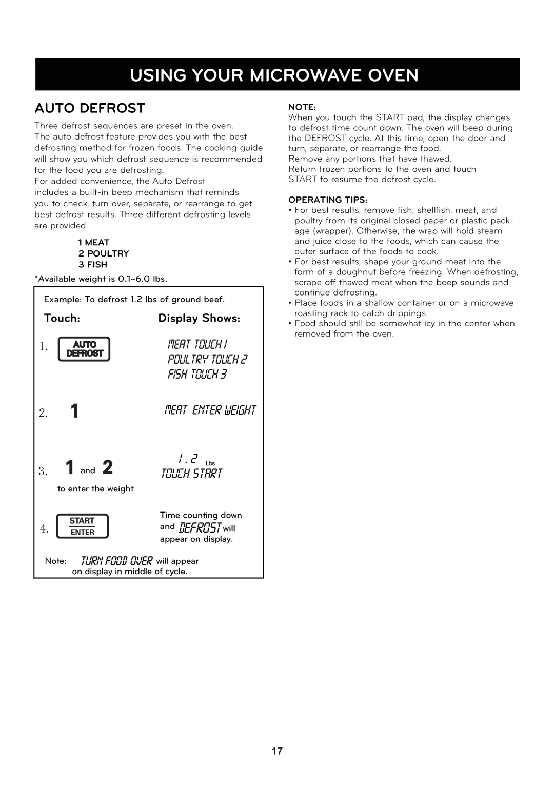 LG Electronics LCRT2010ST manual Auto Defrost, Meat Poultry Fish 