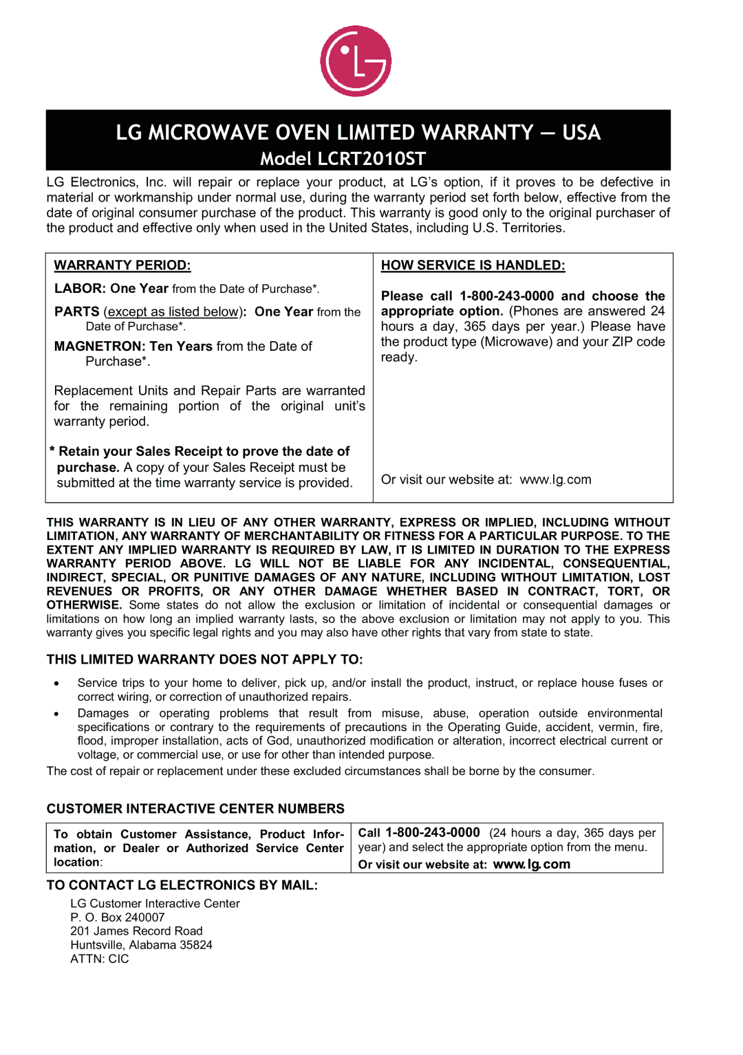 LG Electronics LCRT2010ST manual LG Microwave Oven Limited Warranty USA, Or visit our website at 