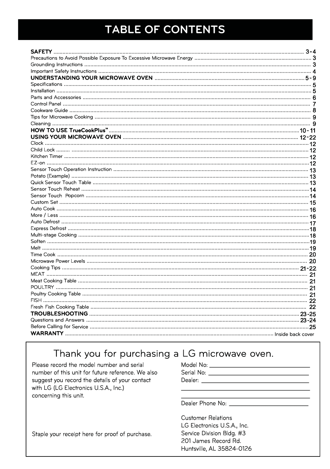 LG Electronics LCRT2010ST manual Table Of Contents, Thank you for purchasing a LG microwave oven 