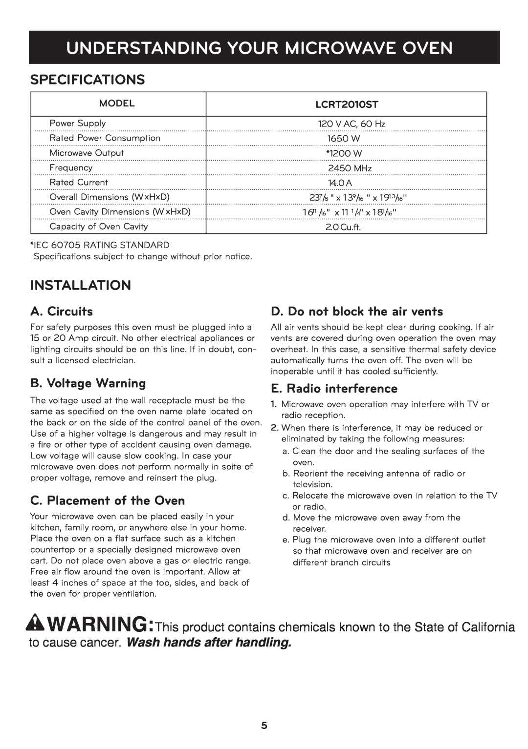 LG Electronics LCRT2010ST Understanding Your Microwave Oven, Specifications, Installation, A. Circuits, B. Voltage Warning 