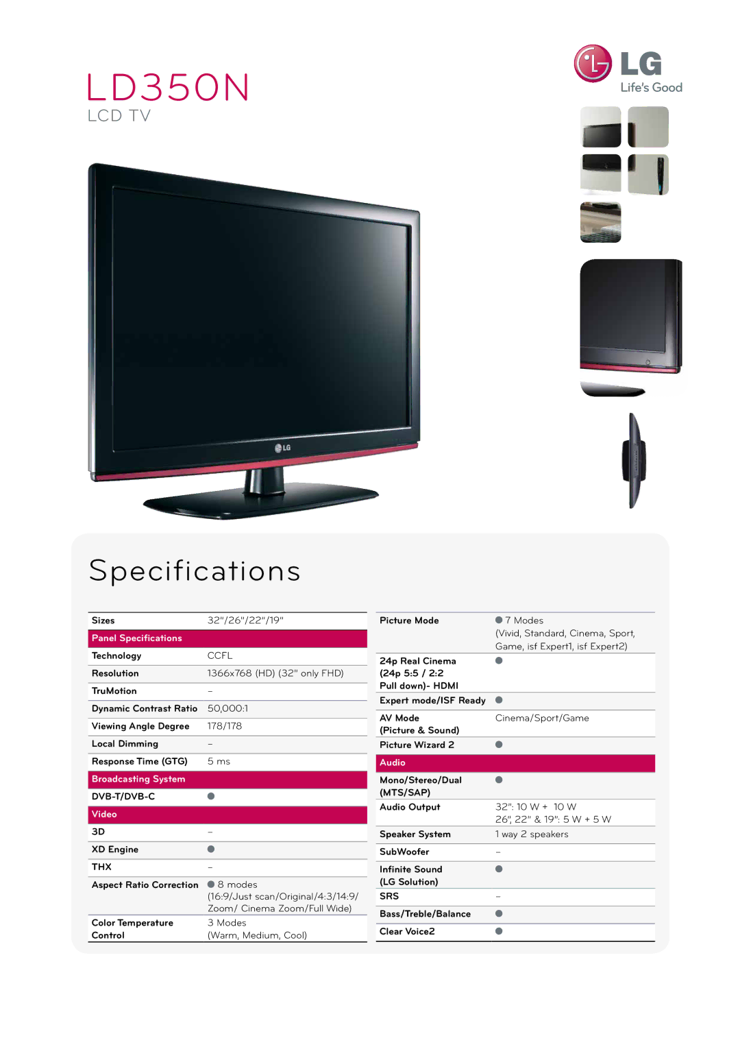 LG Electronics LD350N specifications Dvb-T/Dvb-C, Thx, Mts/Sap, Srs 