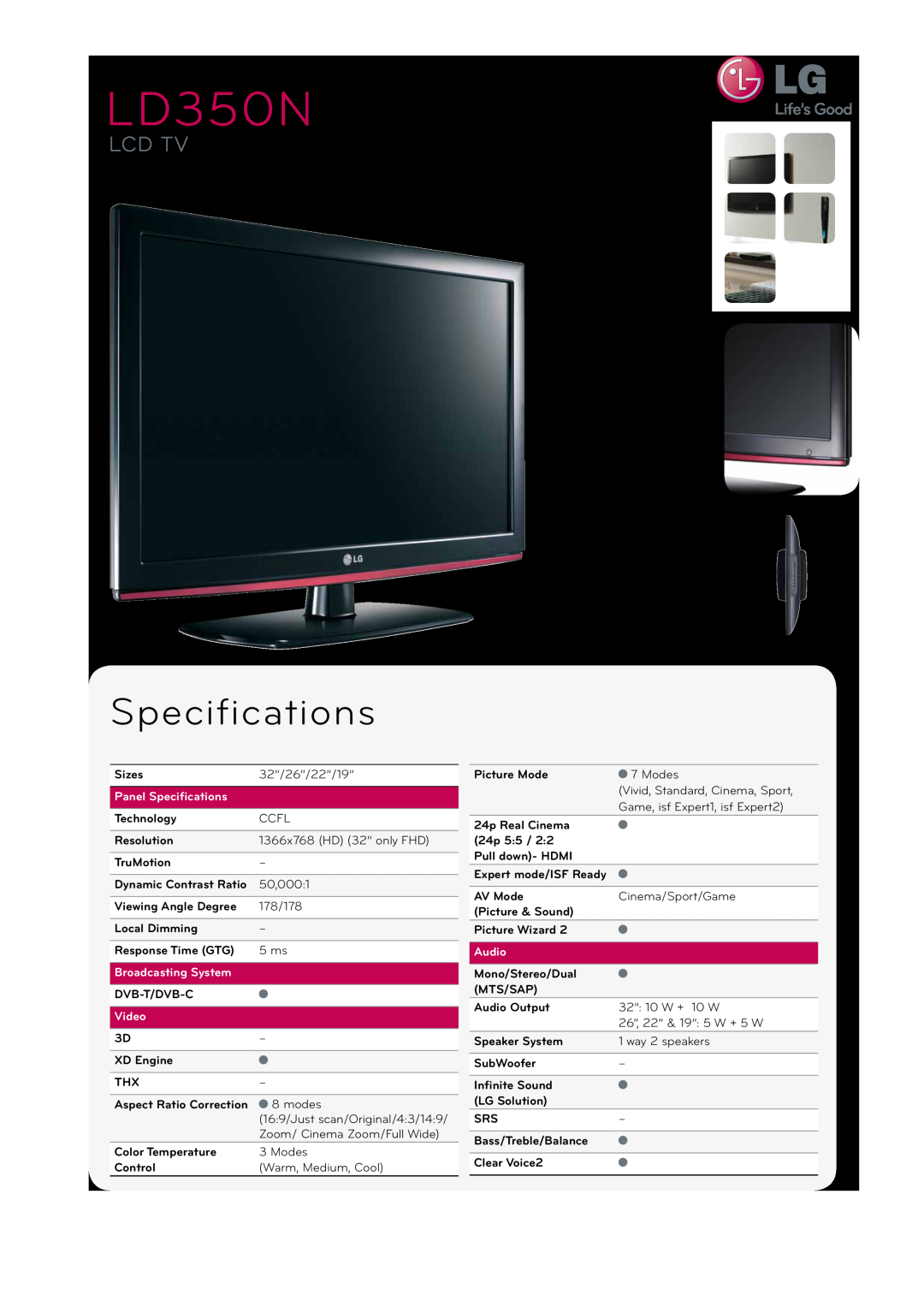 LG Electronics LD350N specifications Panel Specifications, Broadcasting System, Video, Audio, Lcd Tv 