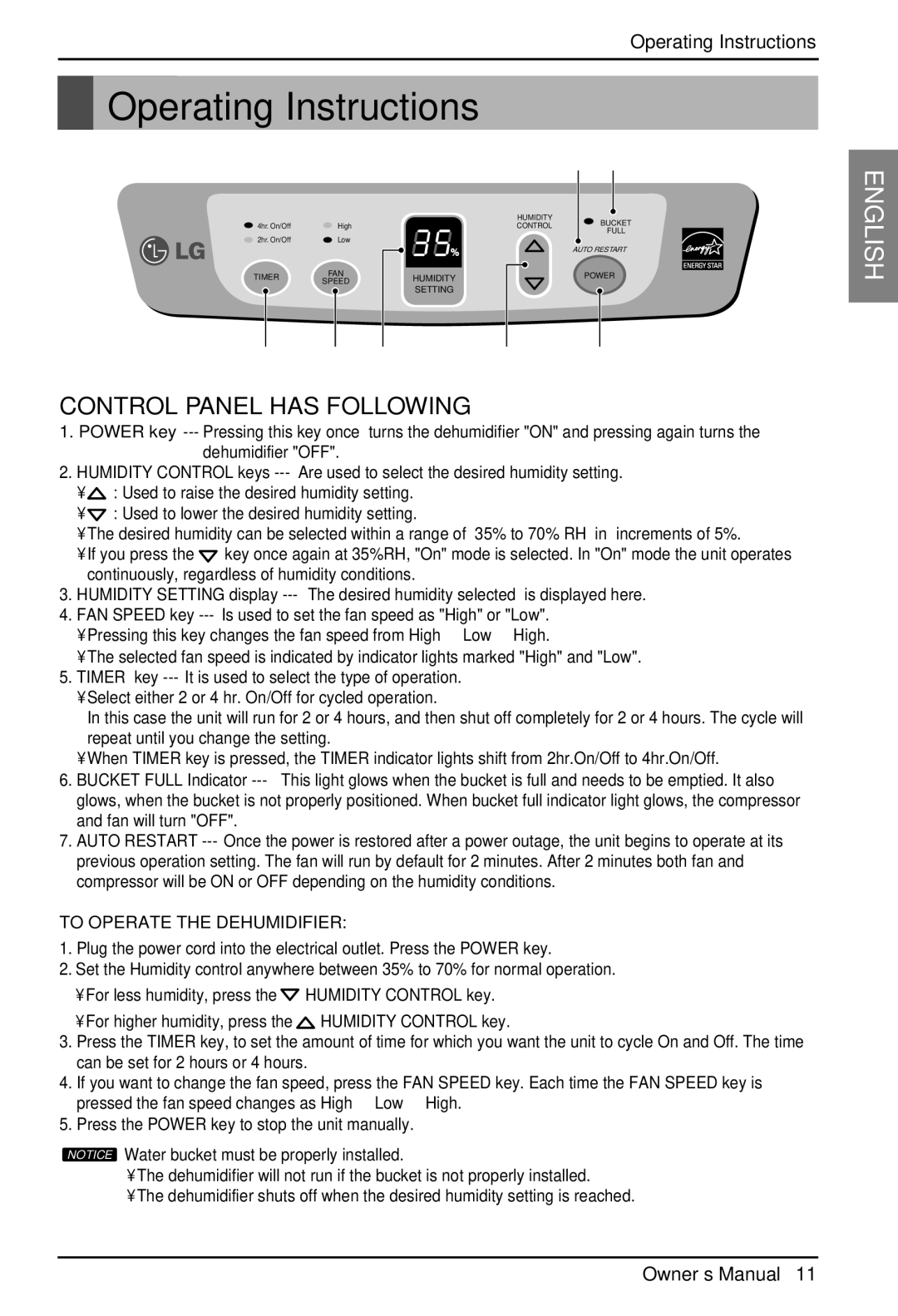 LG Electronics LD40E owner manual Operating Instructions, Control Panel has Following 