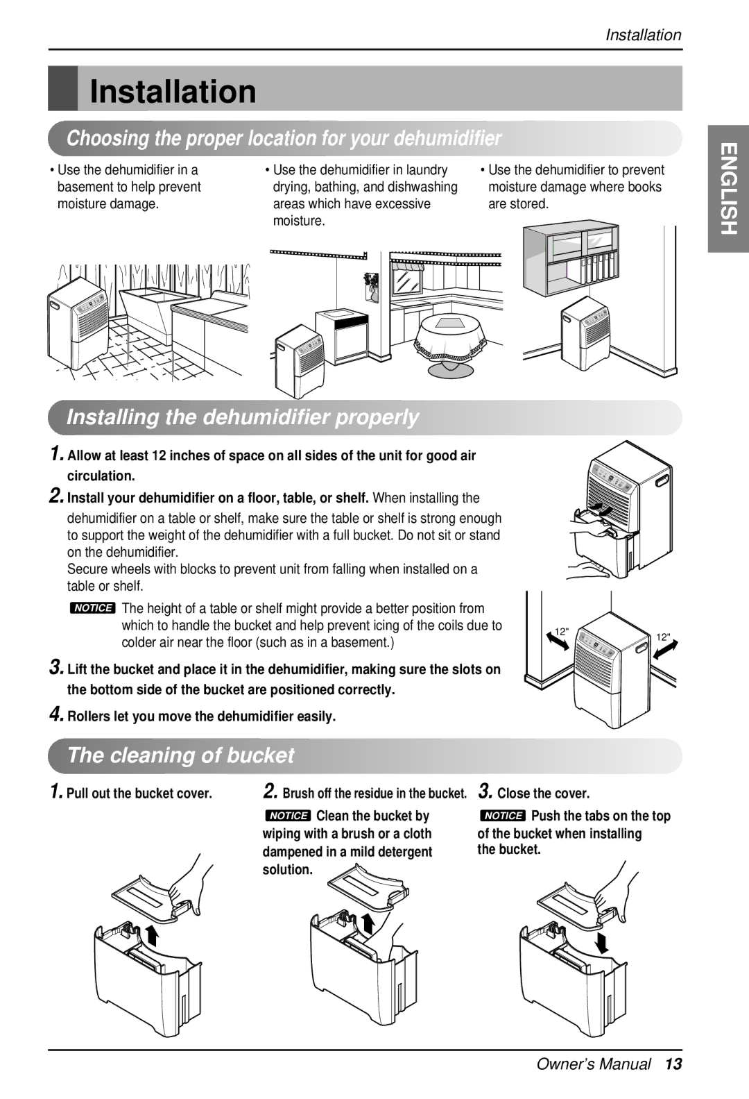 LG Electronics LD40E owner manual Installation, Choosing the proper location for your dehumidifier, Cleaning of bucket 