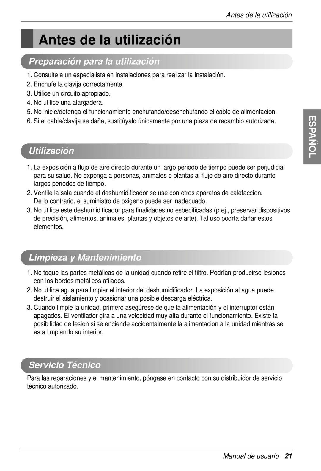 LG Electronics LD40E Antes de la utilizació n, Preparación para la utilización, Utilización, Limpieza y Mantenimiento 