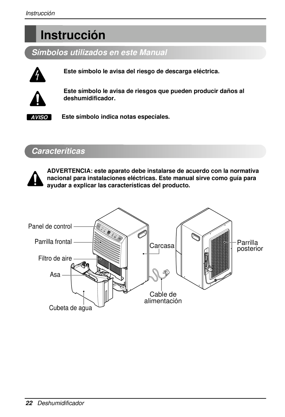 LG Electronics LD40E owner manual Instrucció n, Símbolos utilizados en este Manual, Caracteríticas, Panel de control 