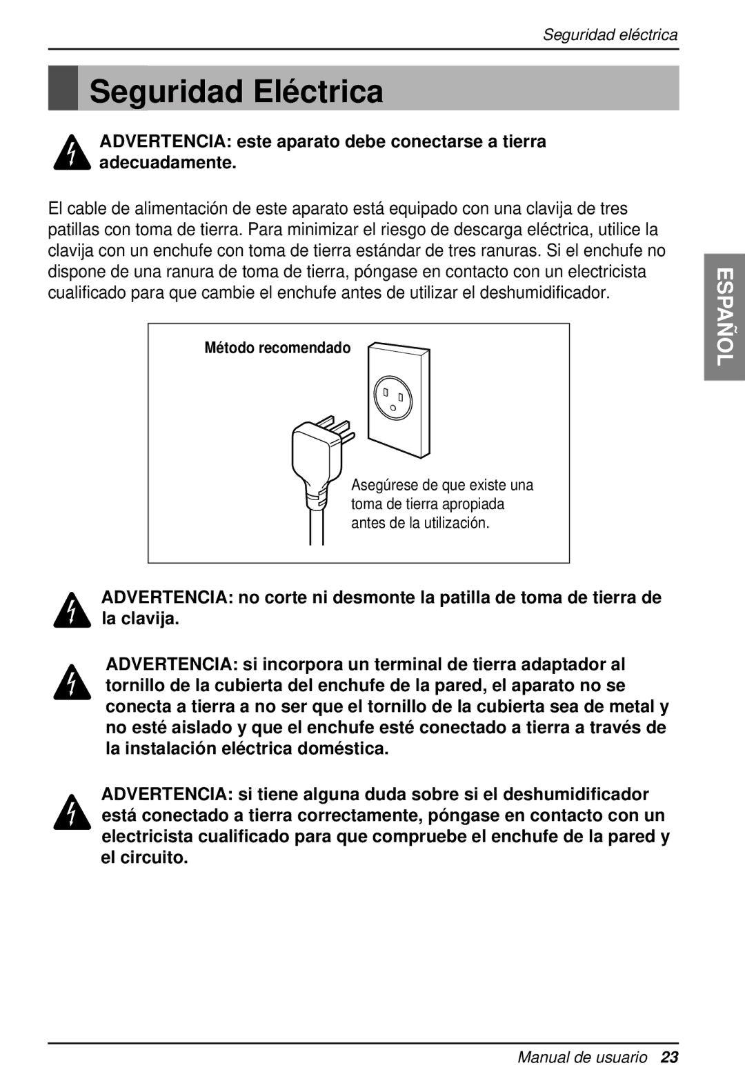 LG Electronics LD40E owner manual Seguridad Elé ctrica 