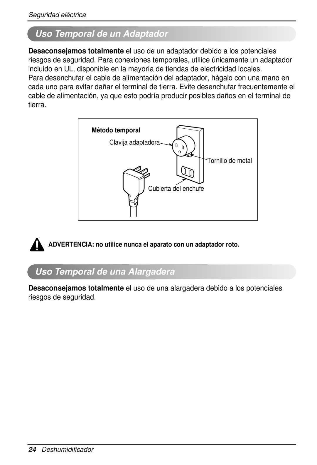 LG Electronics LD40E owner manual Uso Temporal de un Adaptador, Uso Temporal de una Alargadera 