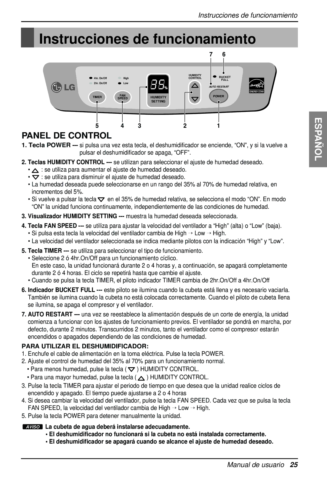 LG Electronics LD40E owner manual Instrucciones de funcionamiento, Panel DE Control 