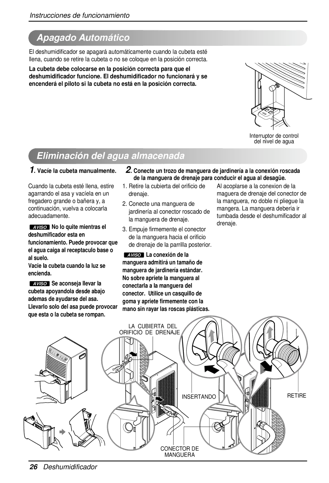 LG Electronics LD40E Apagado Automá tico, Eliminació n del agua almacenada, Vacie la cubeta cuando la luz se encienda 