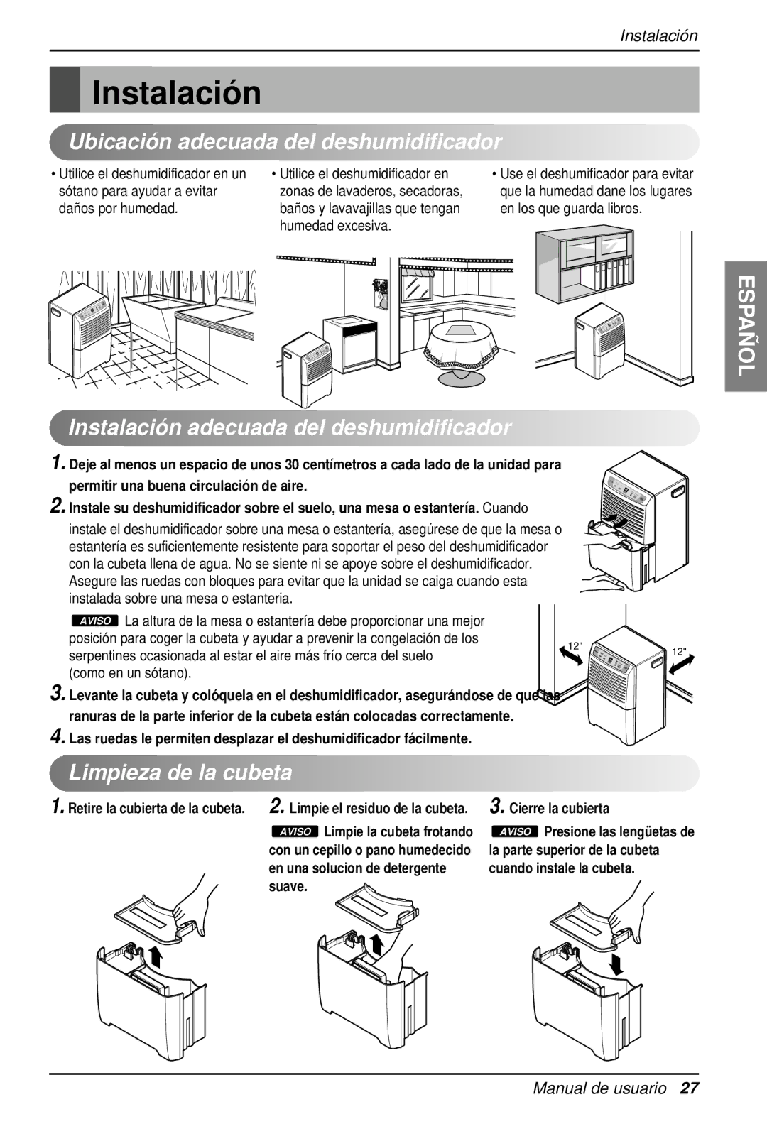 LG Electronics LD40E owner manual Ubicació n adecuada del deshumidificador, Instalació n adecuada del deshumidificador 