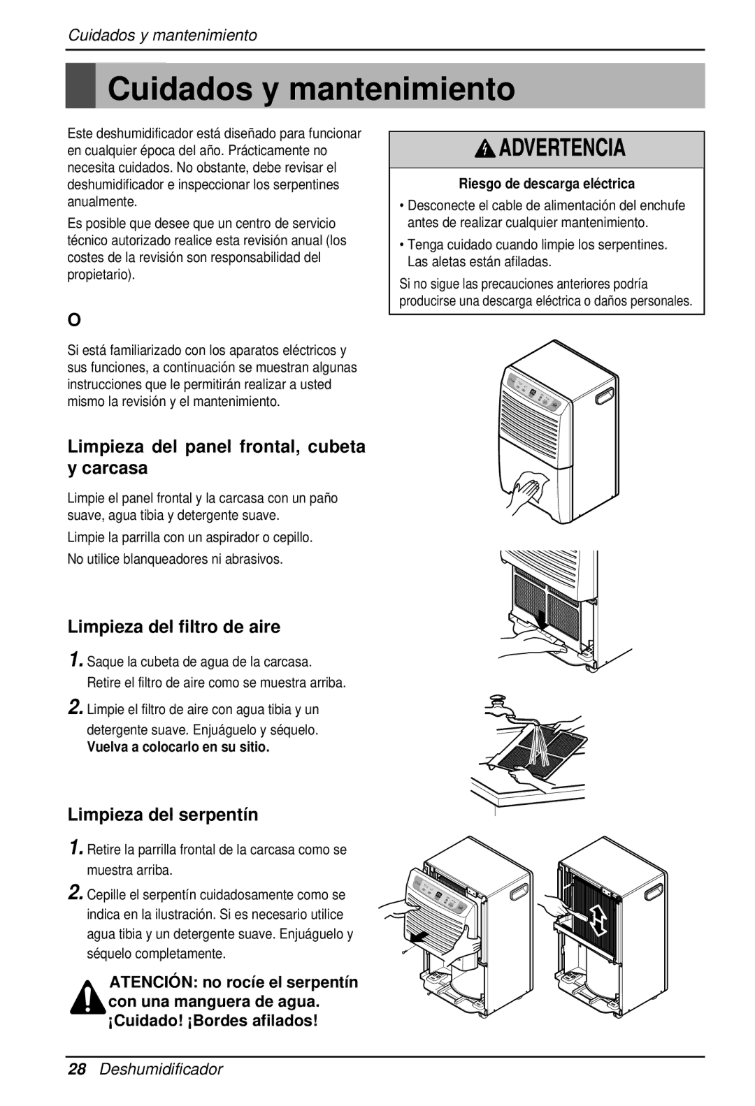 LG Electronics LD40E Cuidados y mantenimiento, Limpieza del panel frontal, cubeta y carcasa, Limpieza del filtro de aire 