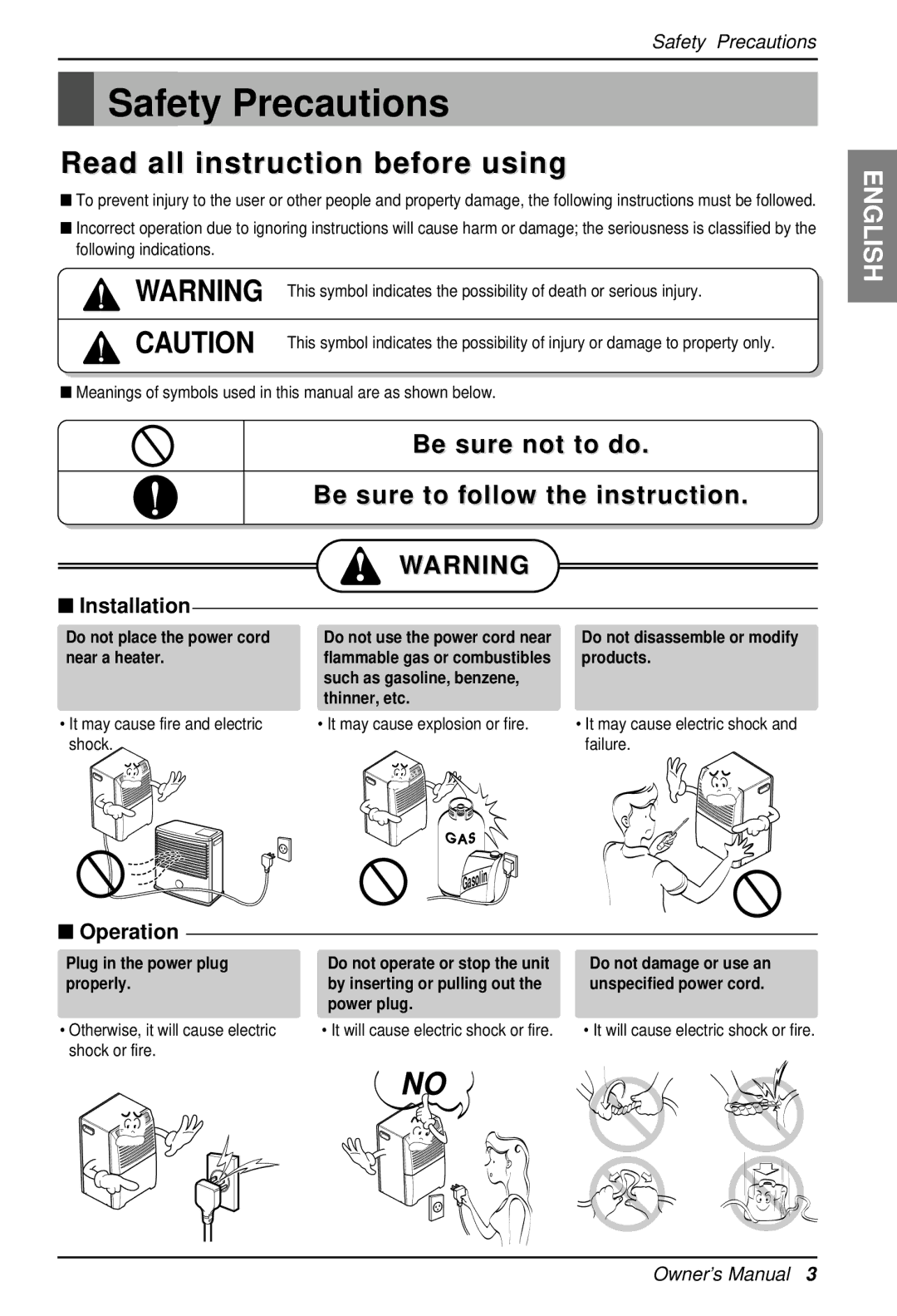 LG Electronics LD40E owner manual Safety Precautions, Installation, Operation 