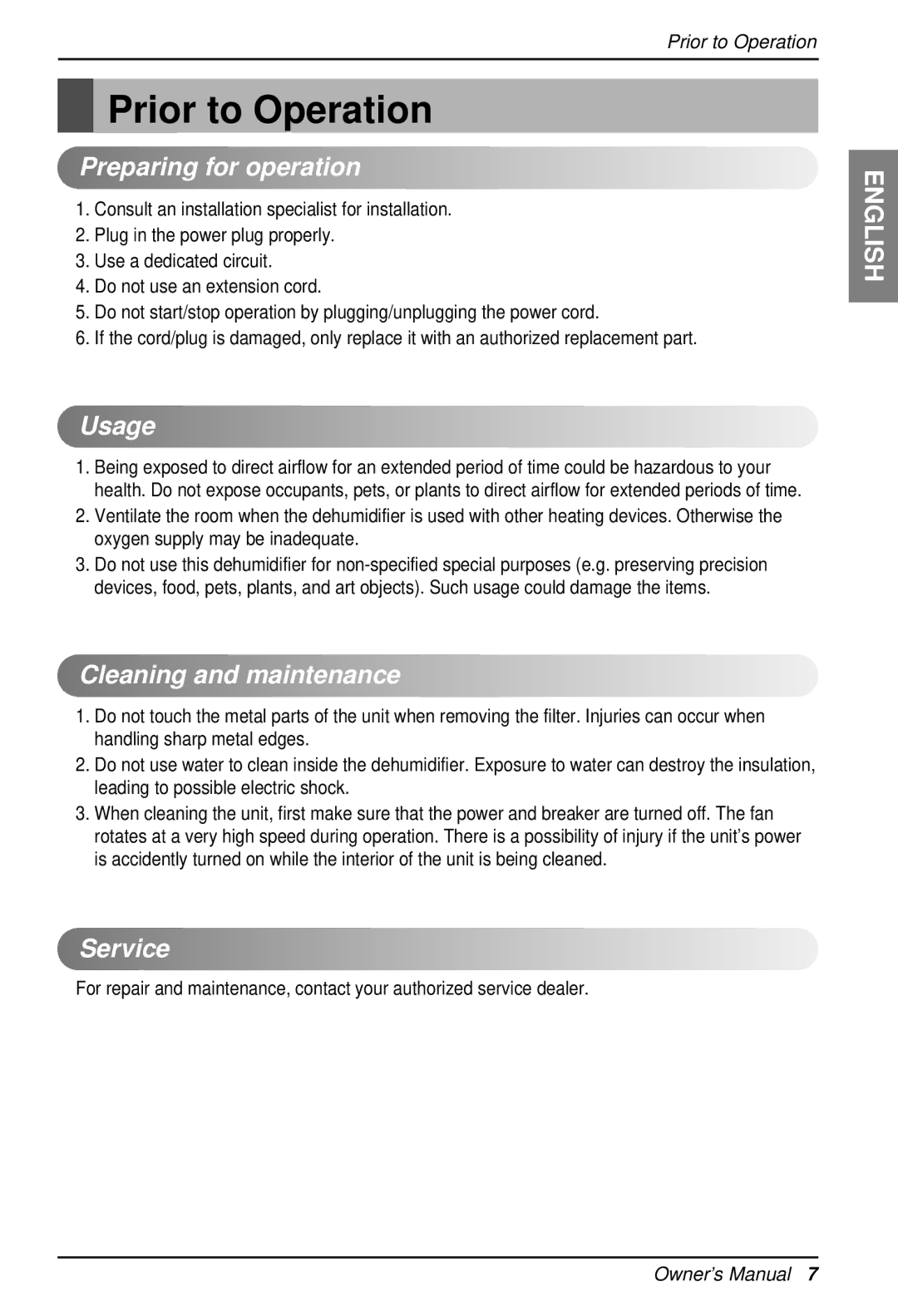 LG Electronics LD40E owner manual Prior to Operation, Preparing for operation, Usage, Cleaning and maintenance, Service 