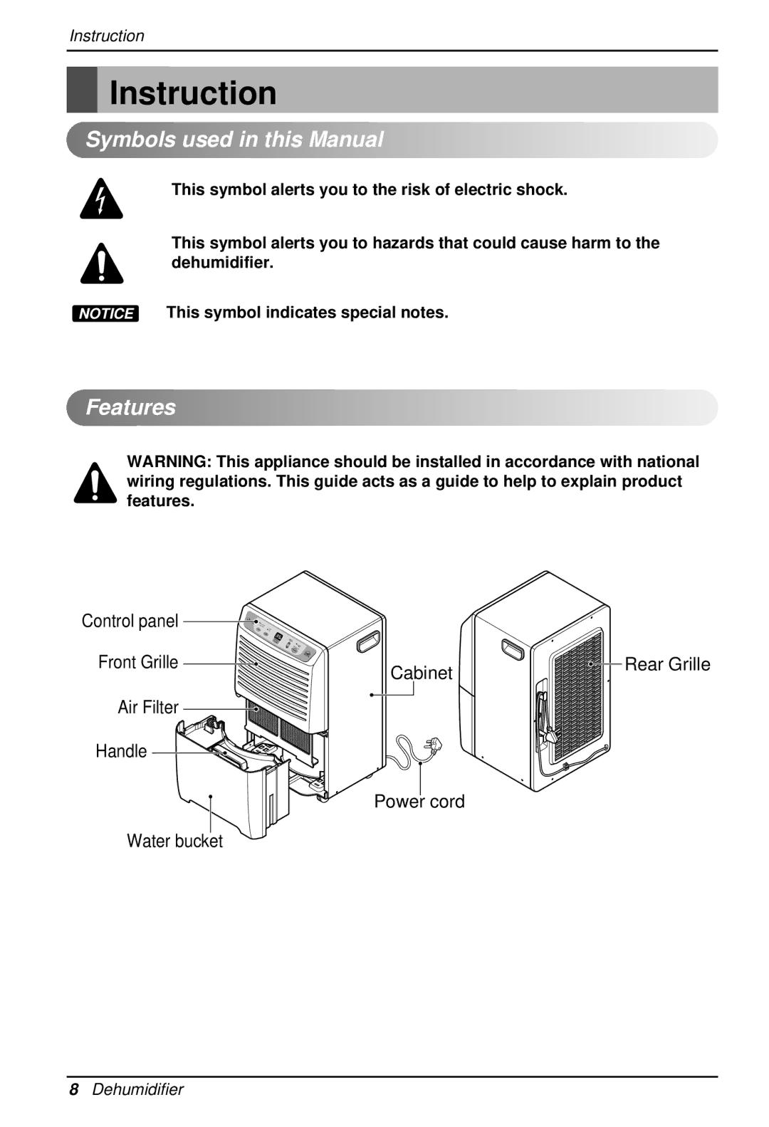 LG Electronics LD40E owner manual Instruction, Symbols used in this Manual, Features, Control panel 