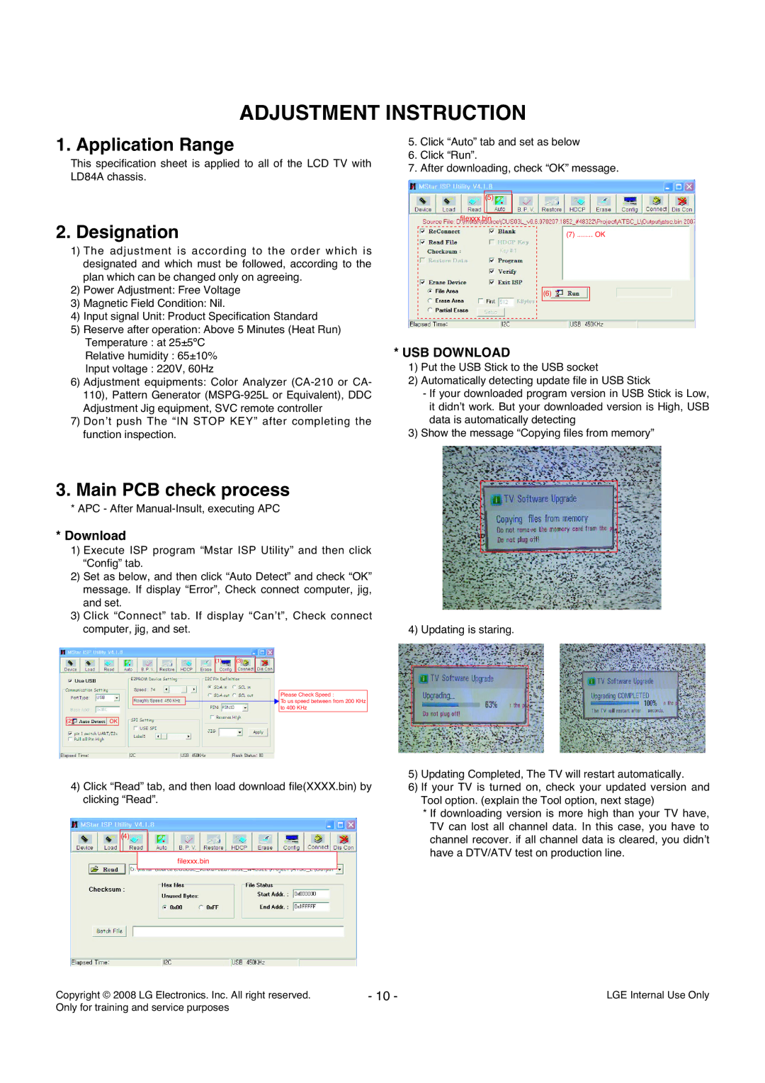 LG Electronics LD84A service manual Adjustment Instruction, Designation, Main PCB check process 