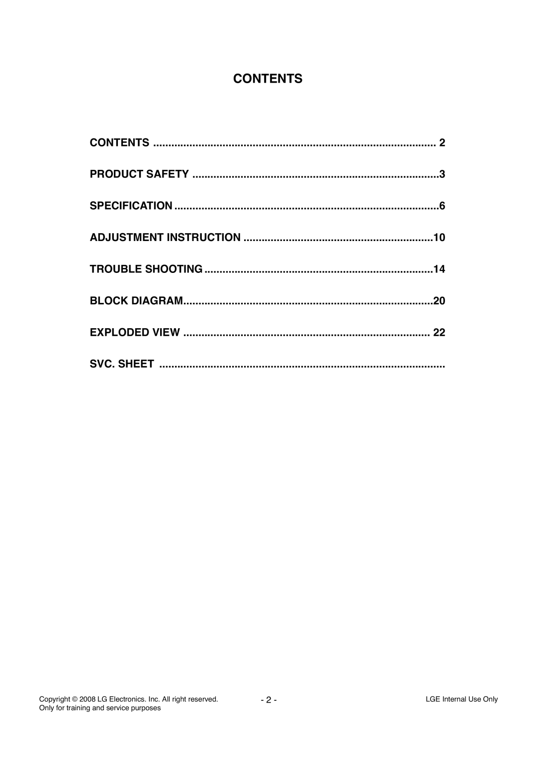 LG Electronics LD84A service manual Contents 