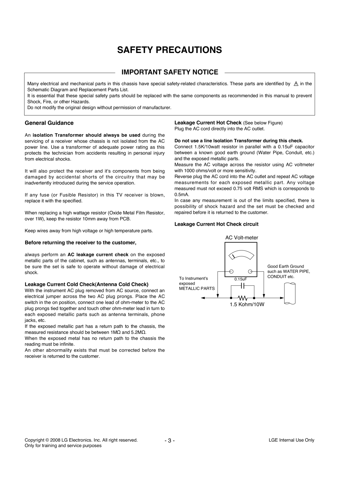 LG Electronics LD84A service manual Safety Precautions, Important Safety Notice 