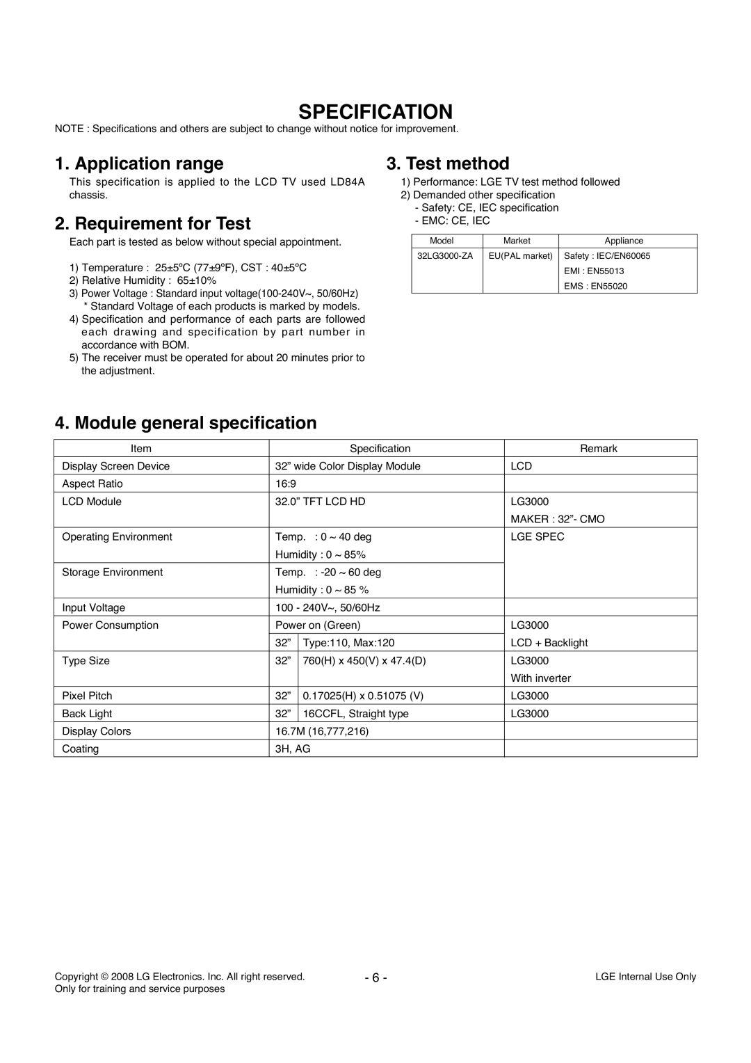 LG Electronics LD84A Specification, Application range, Requirement for Test, Test method, Module general specification 