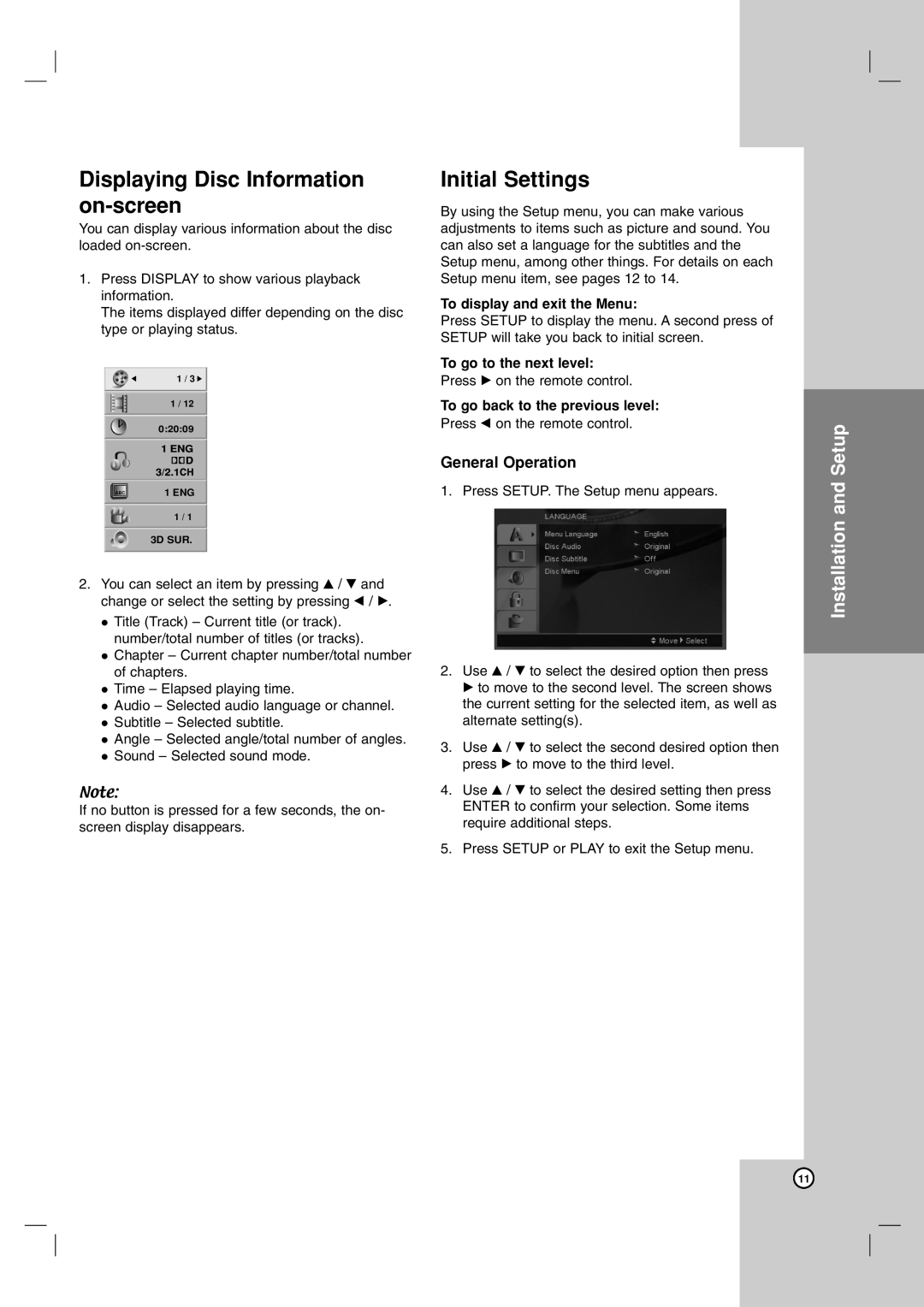 LG Electronics LDA-730 owner manual Displaying Disc Information on-screen, Initial Settings, General Operation 