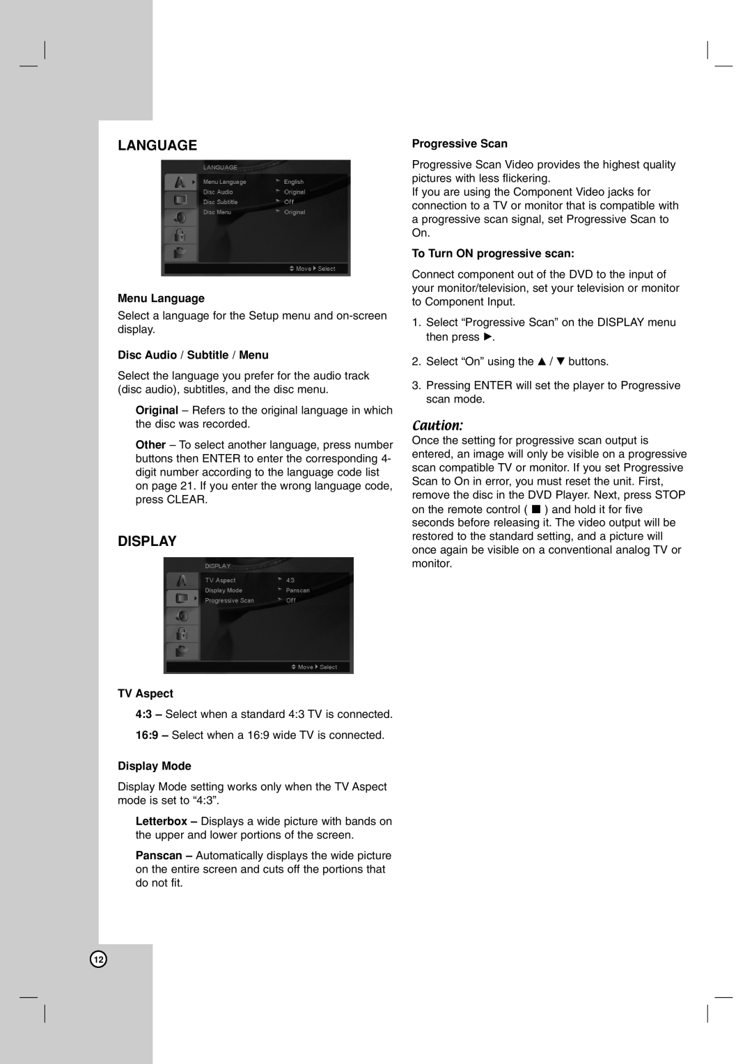 LG Electronics LDA-730 Menu Language, Disc Audio / Subtitle / Menu, TV Aspect, Display Mode, To Turn on progressive scan 