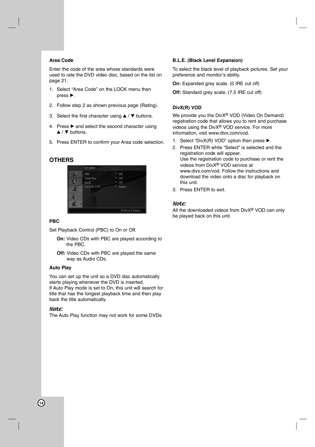 LG Electronics LDA-730 owner manual Area Code, Auto Play, E. Black Level Expansion, DivXR VOD 