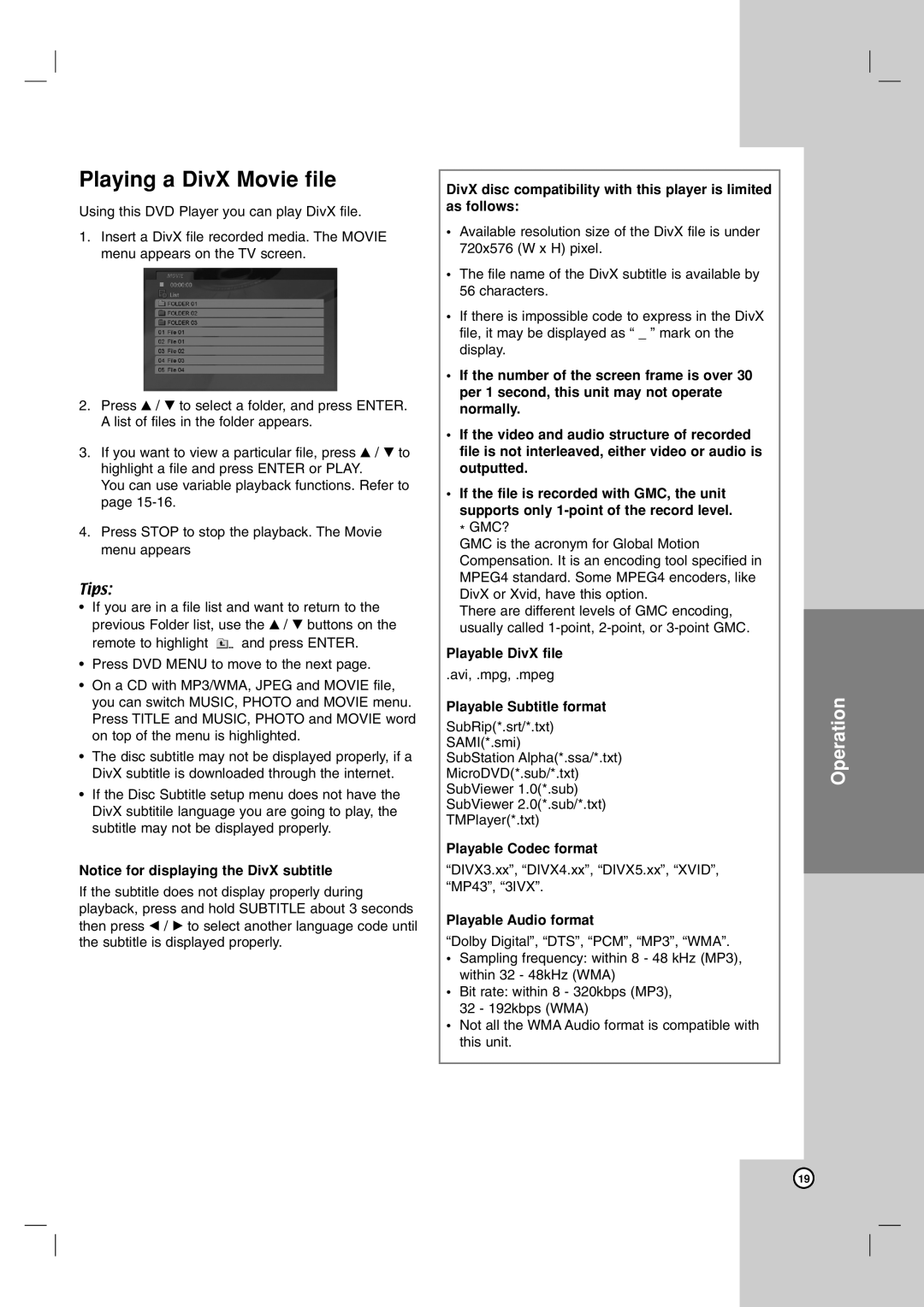 LG Electronics LDA-730 Playing a DivX Movie file, Playable DivX file, Playable Subtitle format, Playable Codec format 