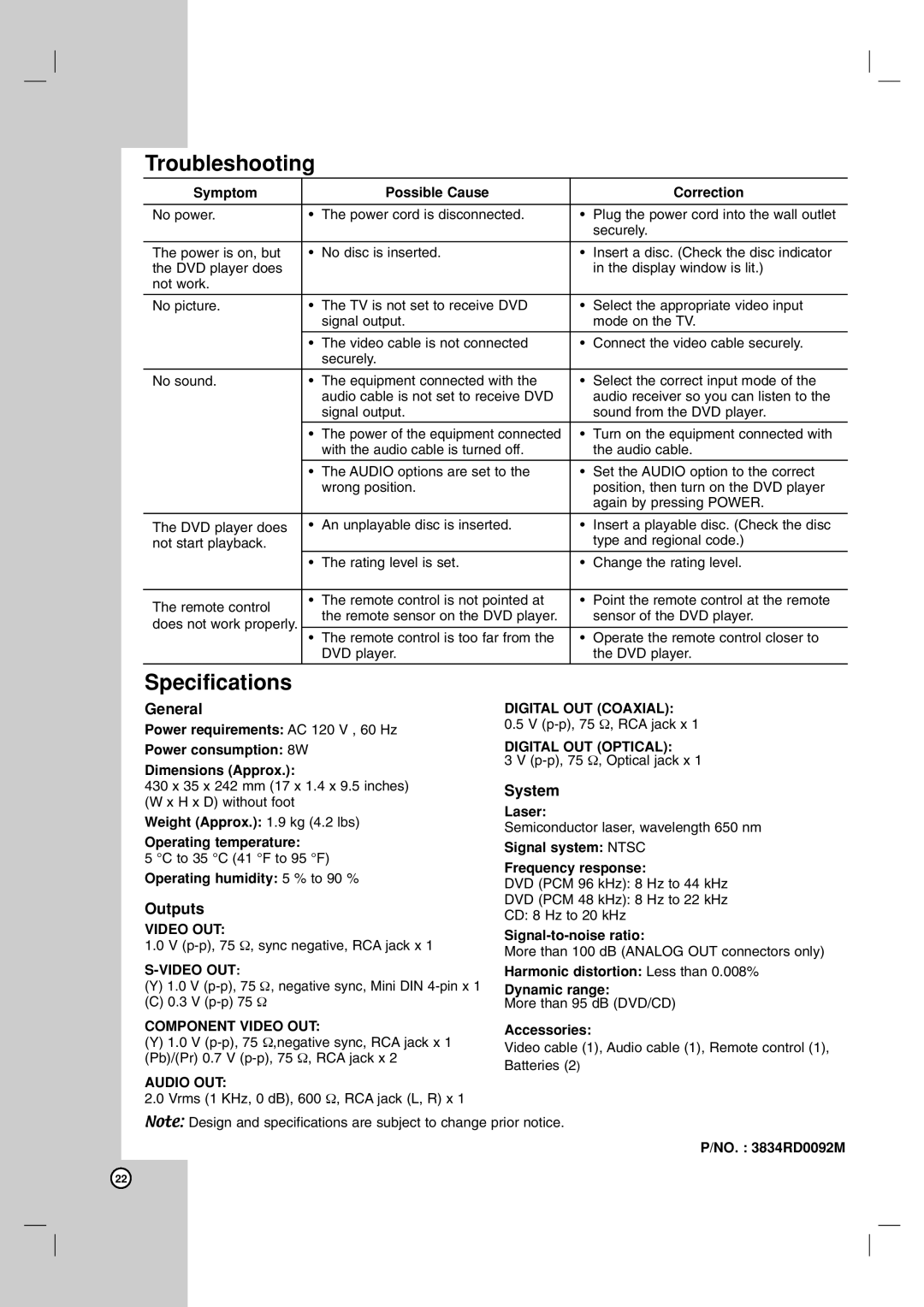 LG Electronics LDA-730 owner manual Troubleshooting, Specifications, General, Outputs, System 